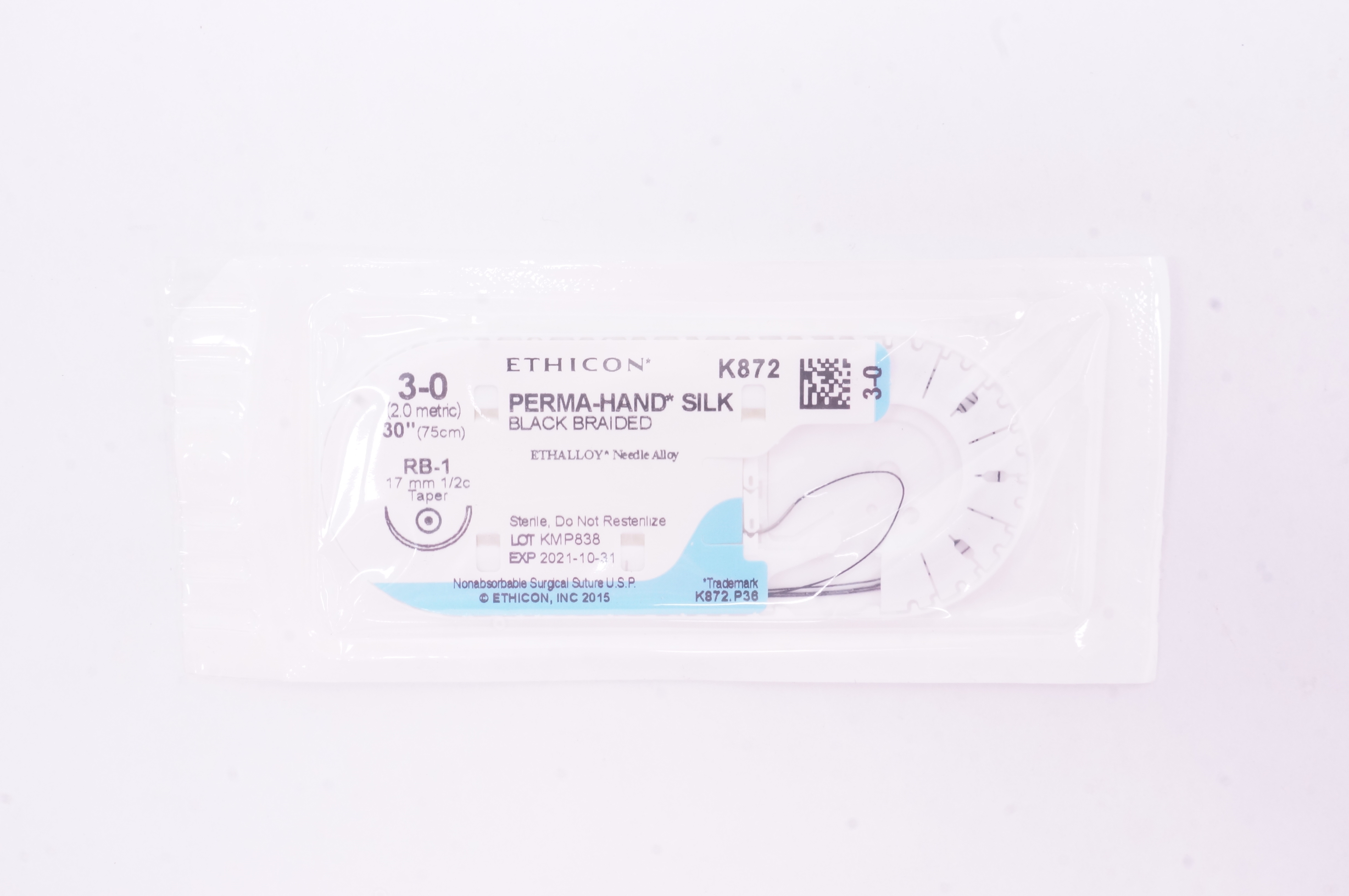 Ethicon K872 3-0 Perma-Hand Silk Stre RB-1 17mm 1/2c Taper 30inch (x)