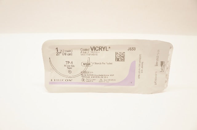 Ethicon J650 1 Coated VICRYL Polyglactin Stre TP-1 65 mm 1/2c Taper, 27inch (x)