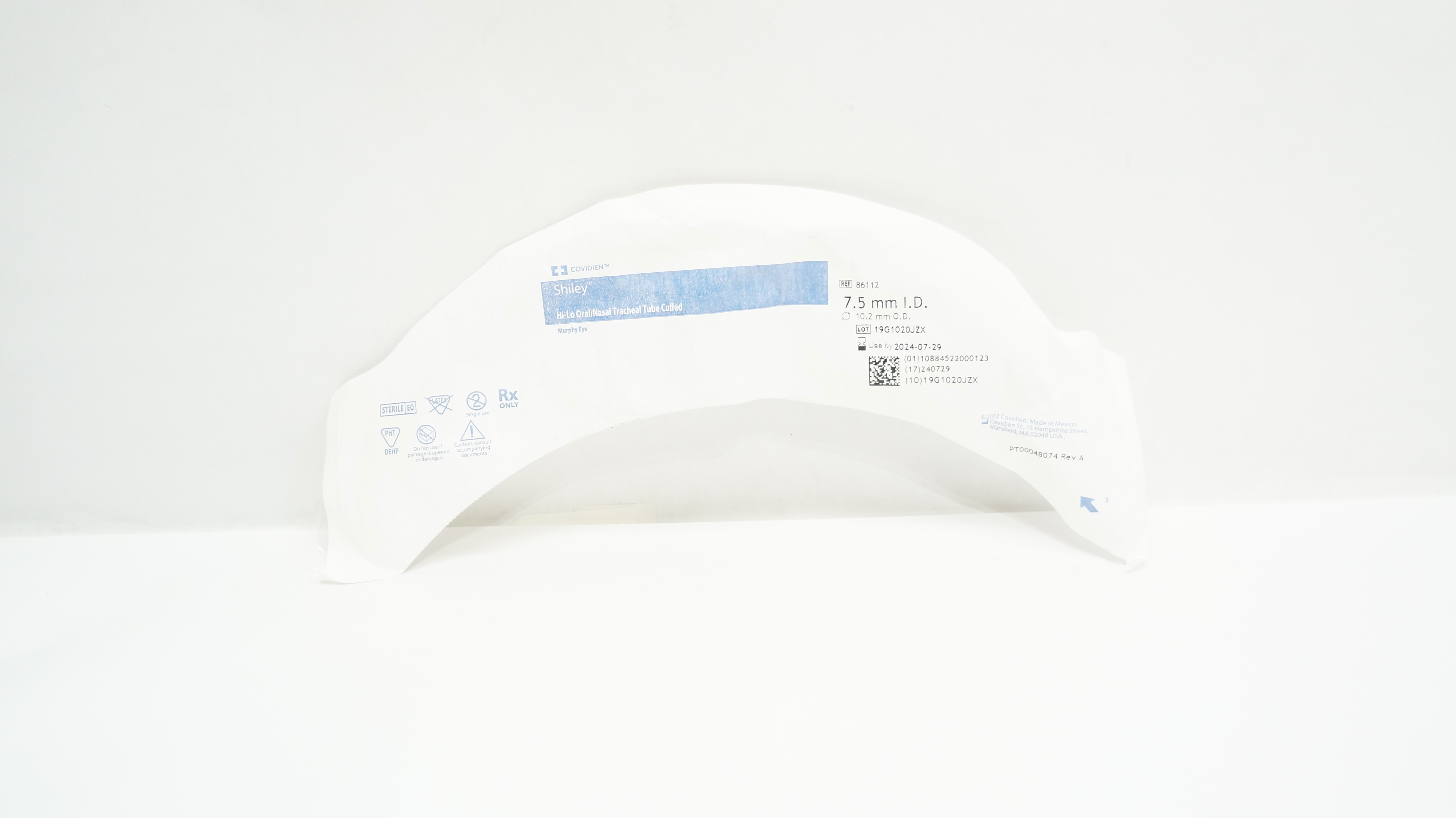 Covidien 86112 Shiley Hi-Lo Oral/Nasal Tracheal Tube Cuffed 7.5mm ID x 10.2mm OD