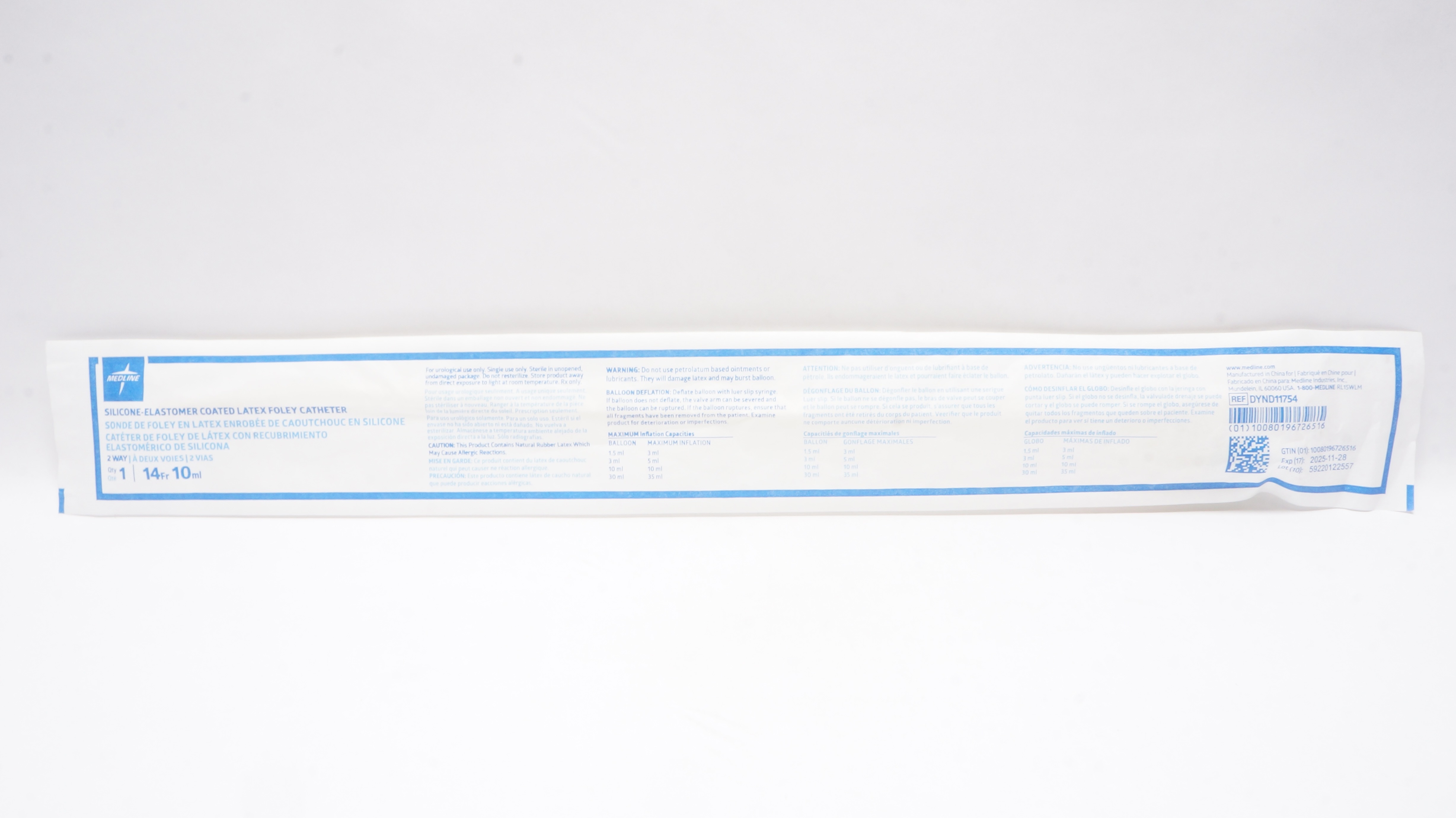 Medline DYND11754 Silicone-Elastomer Foley Cath. 2-way 14Fr. x 10ml