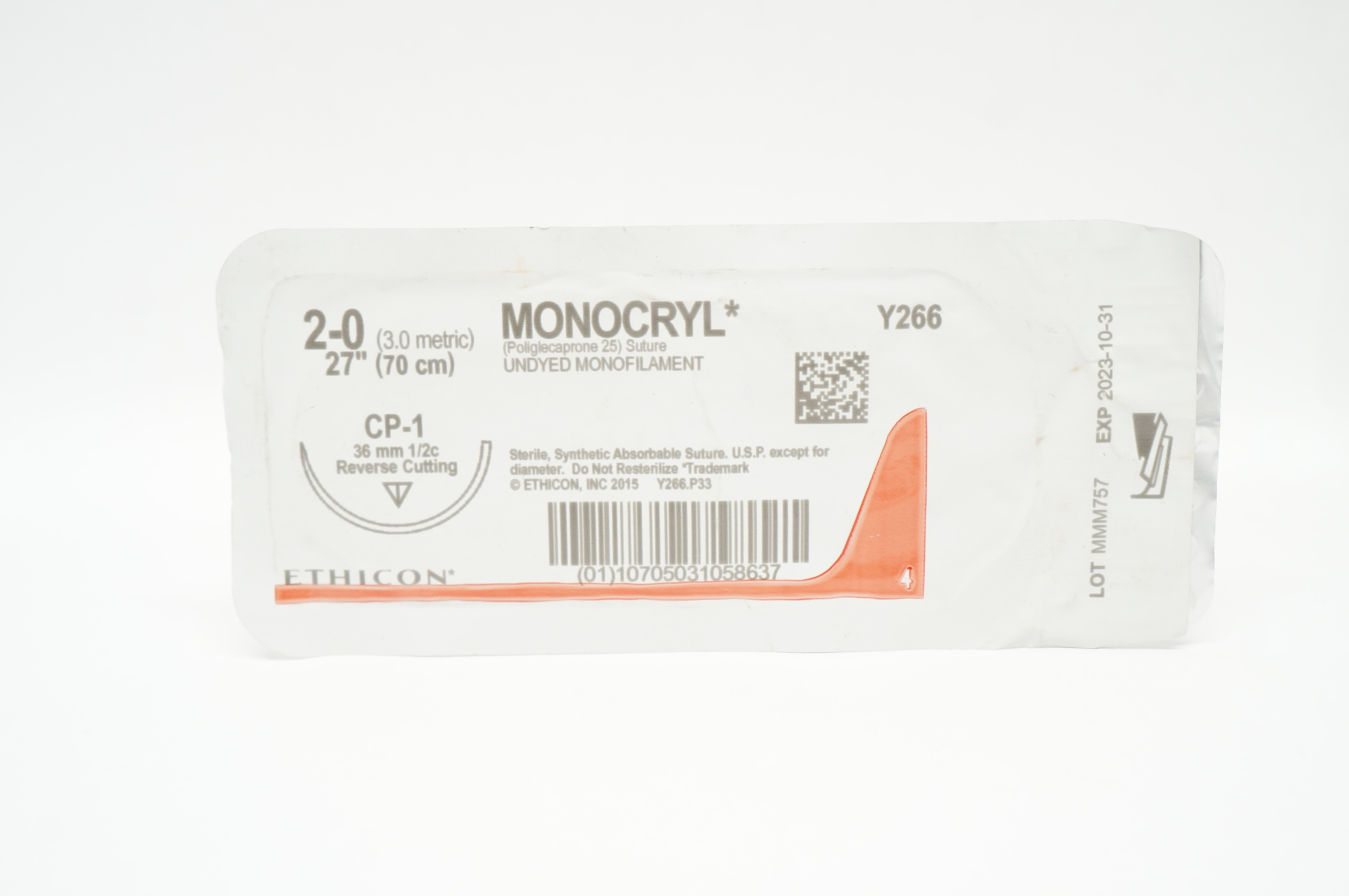 Ethicon Y266 2-0 MONOCRYL, CP-1, 36mm 1/2c, 27inch