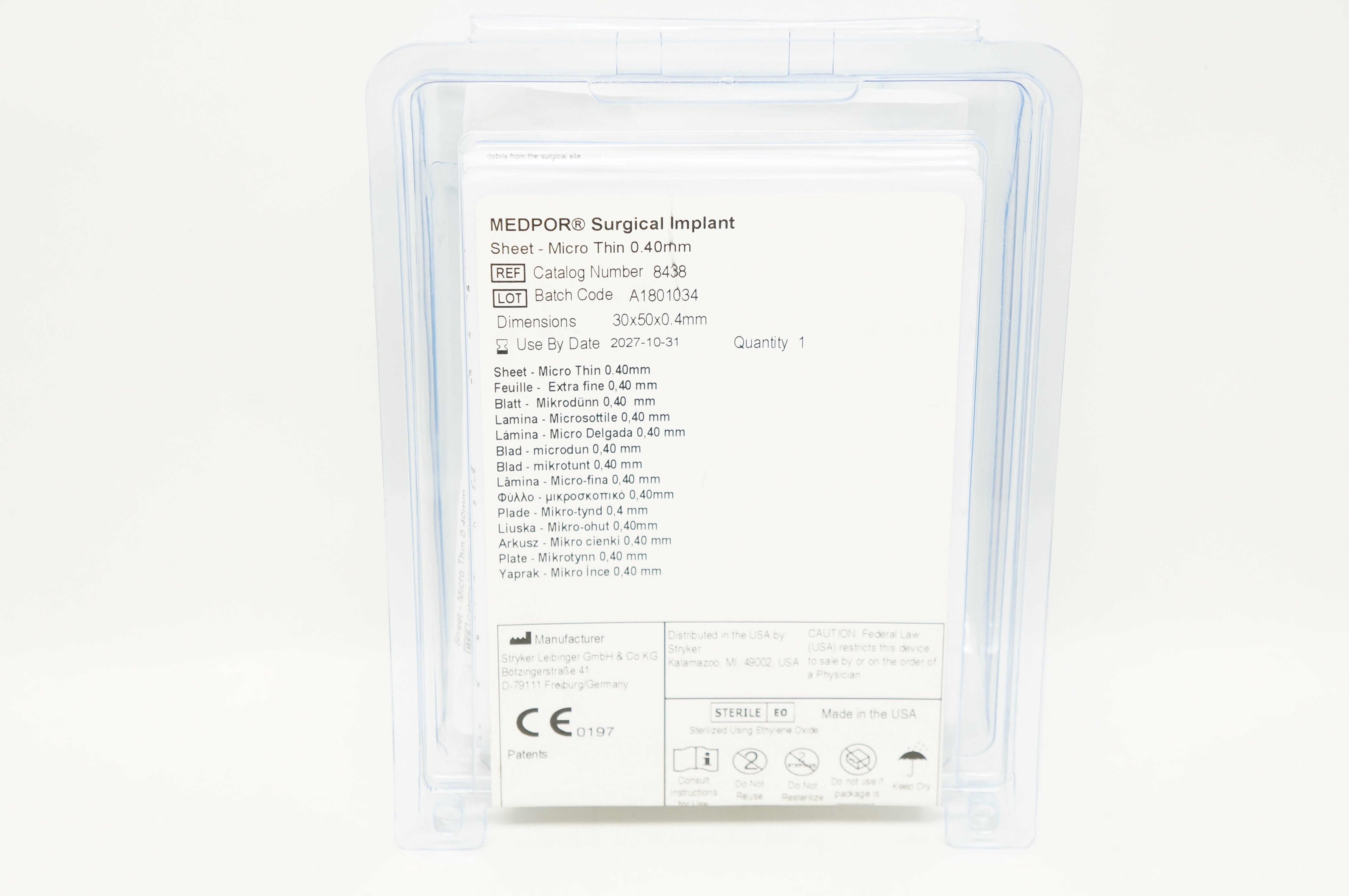 Stryker 8438 MEDPOR Surgical Implant Sheet Micro Thin 0.40mm, 30 x 50 x 0.4mm