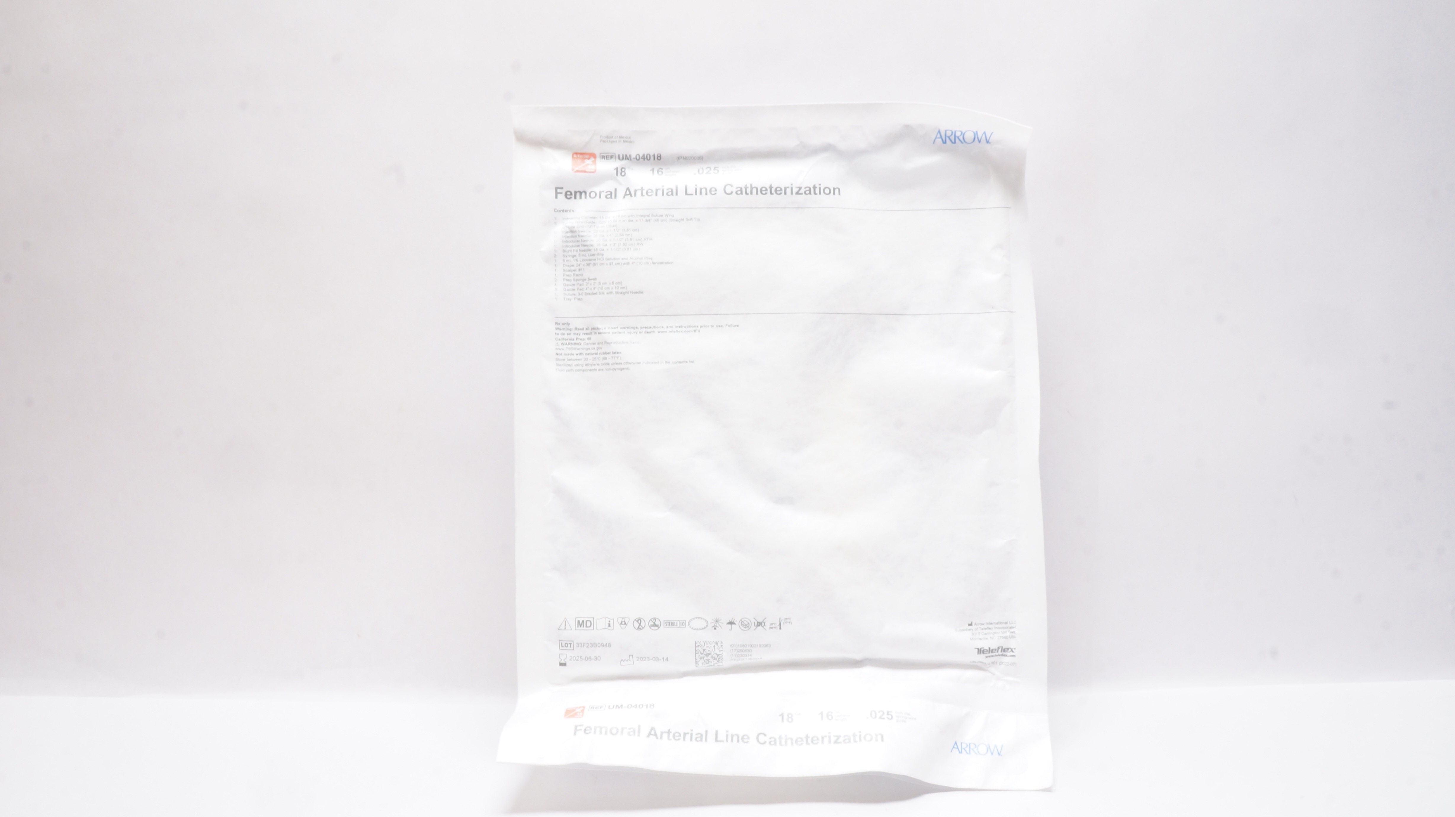 Arrow UM-04018 Femoral Arterial Line Cath. Kit 18Ga x 16 cm x .025 inch