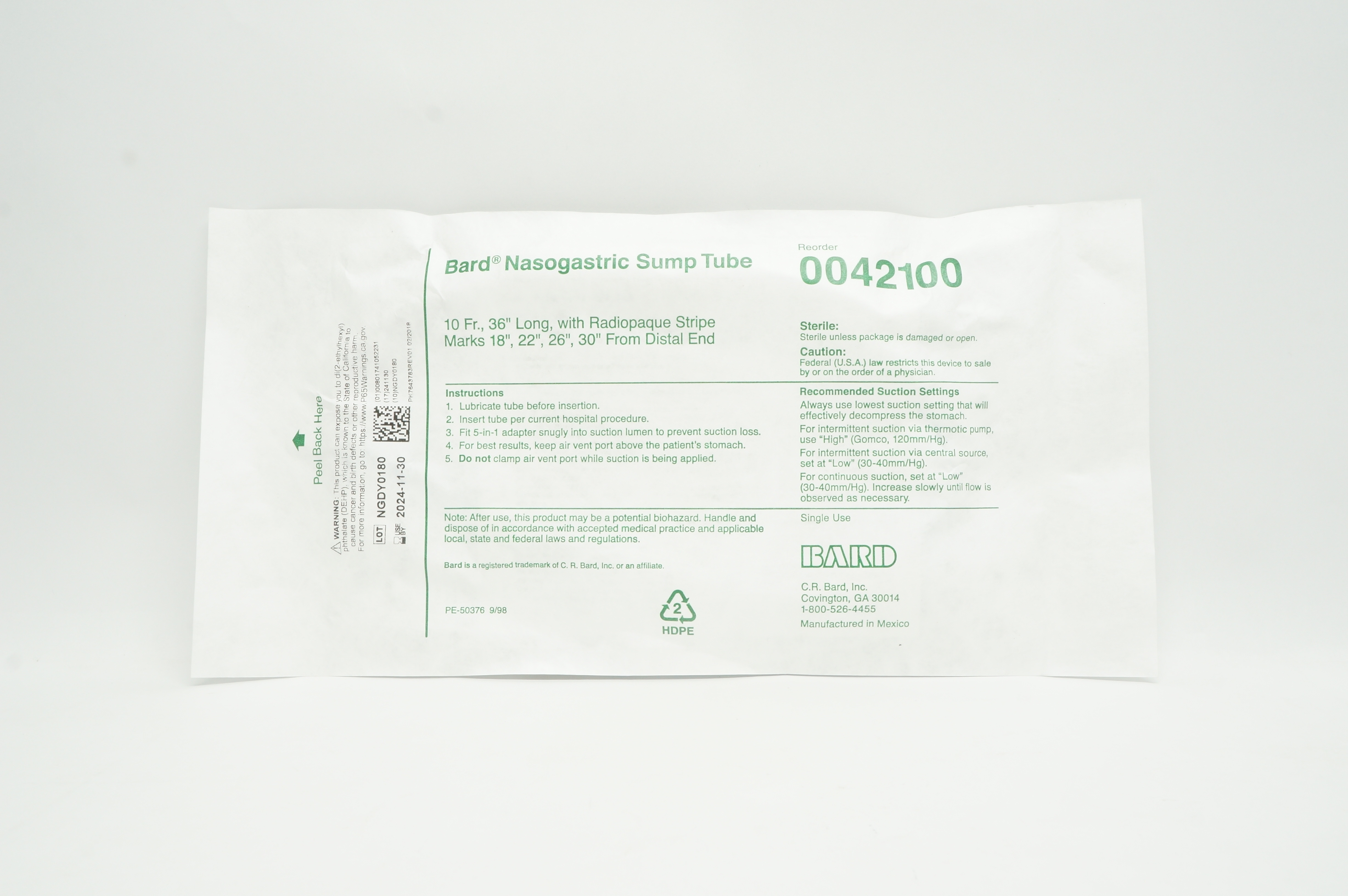 Bard 0042100 Nasogastric Sump Tube 10Fr x 36inch