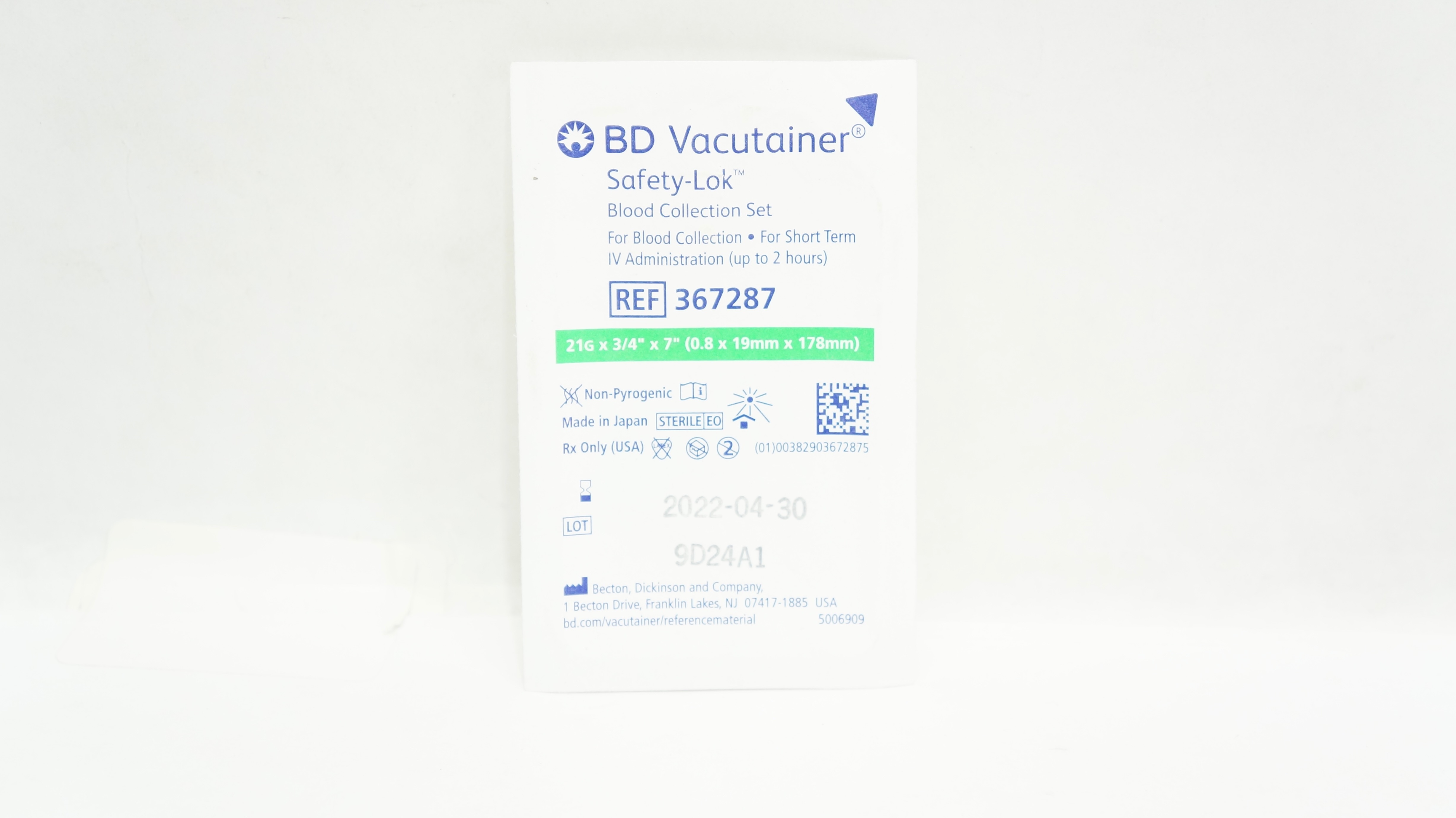 BD 367287 Vacutainer Safety-Lok Blood Collection Set 21G x 3/4inch x 7inch (x)