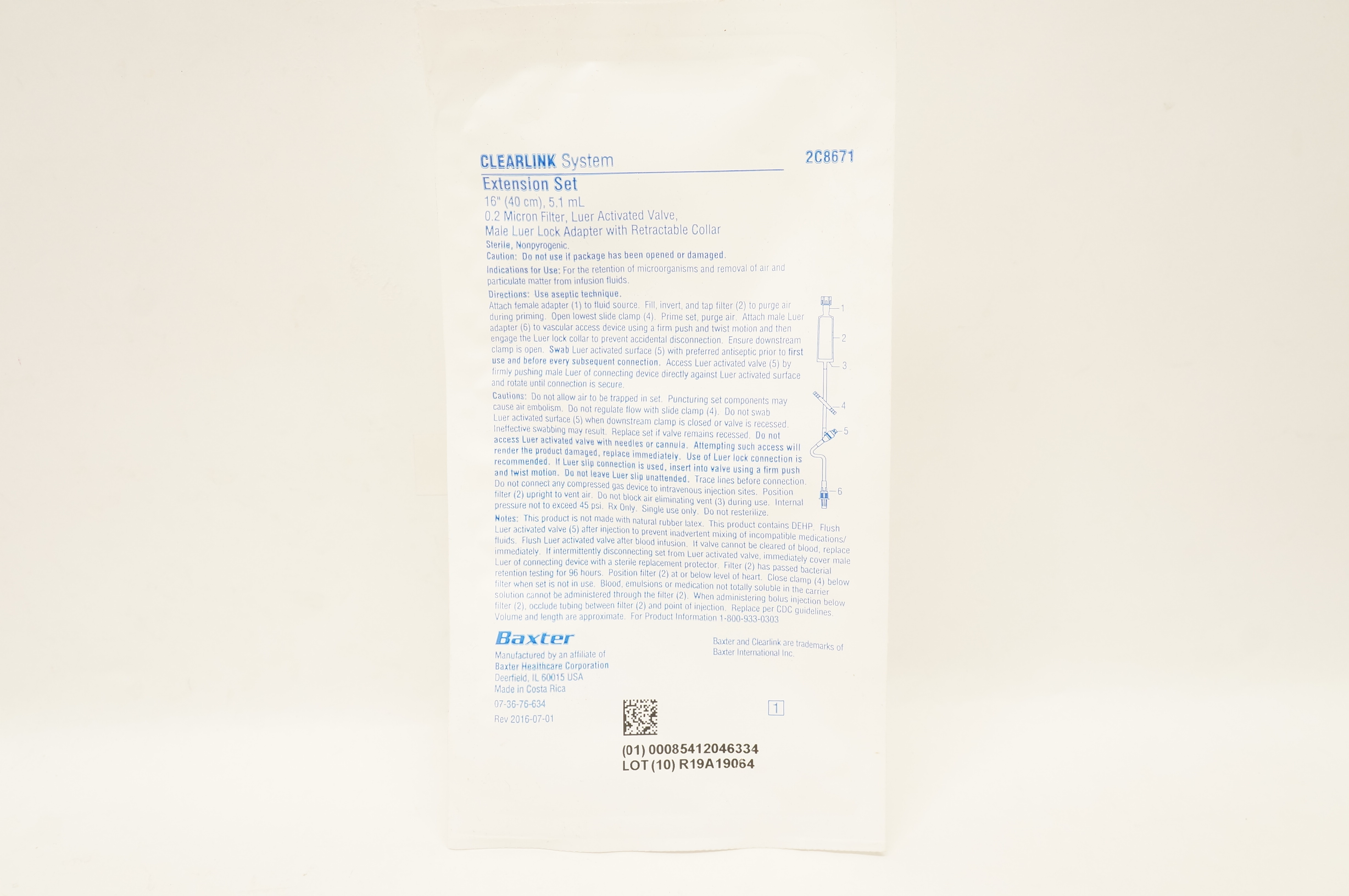 Baxter 2C8671 Clearlink System Extension Set 16 inch x 5.1 mL