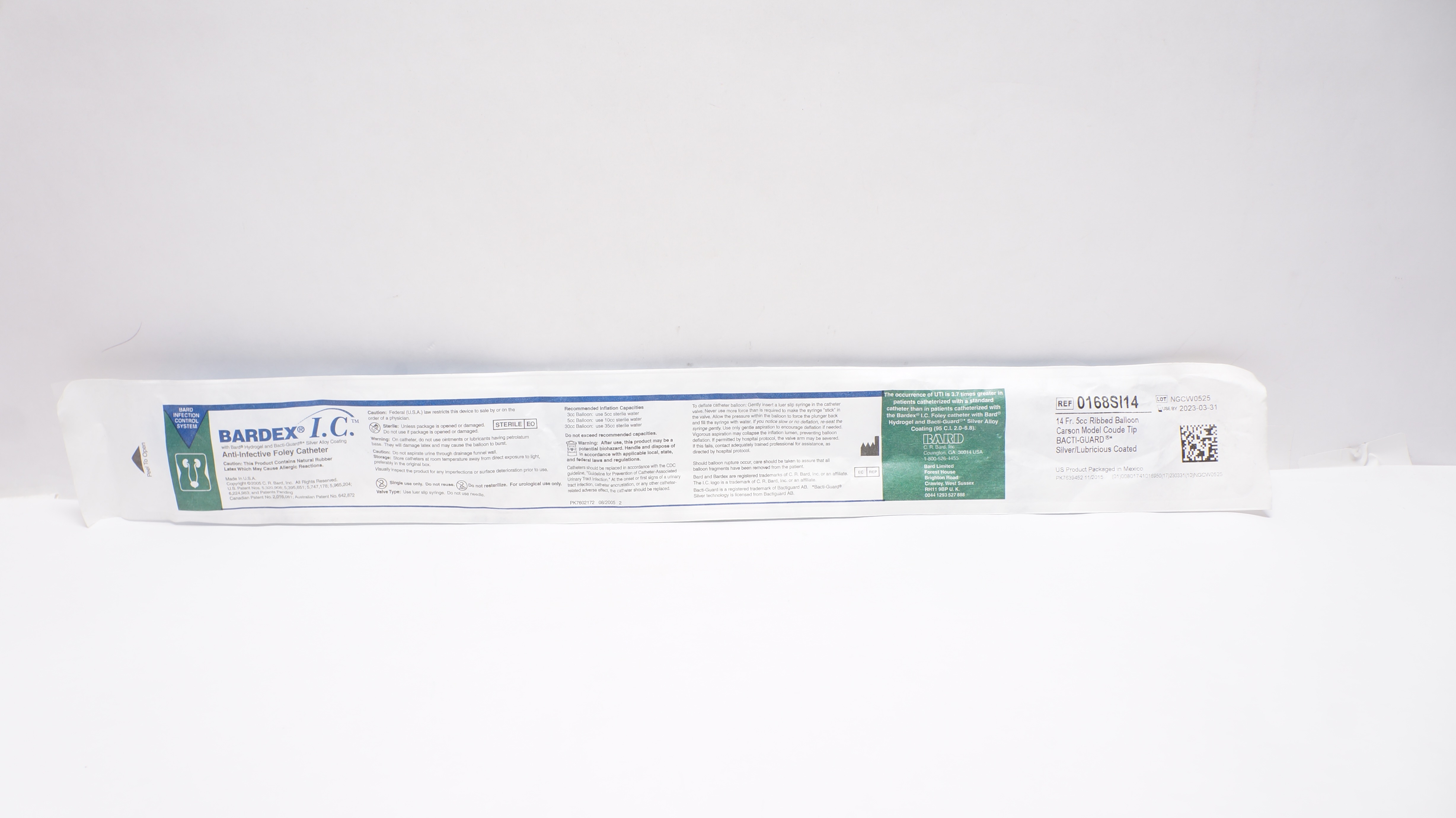 Bard 0168SI14 Bardex I.C. Anti-Infective Foley Cath.14 Fr 5cc Ribbed Balloon (x)