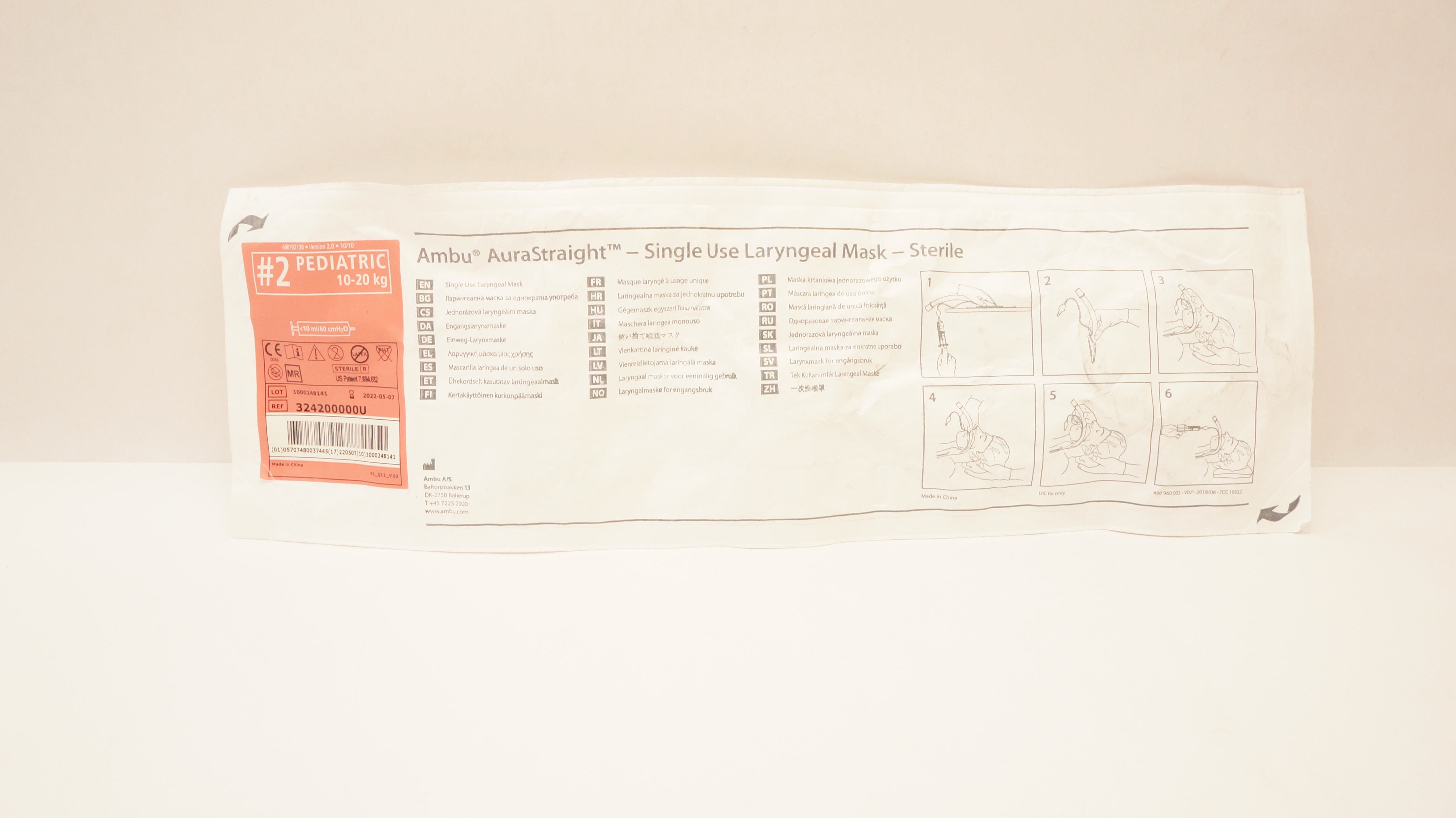 Ambu 324200000U AuraStraight Laryngeal Mask, Sterile #2, Pediatric 10-20kg (x)