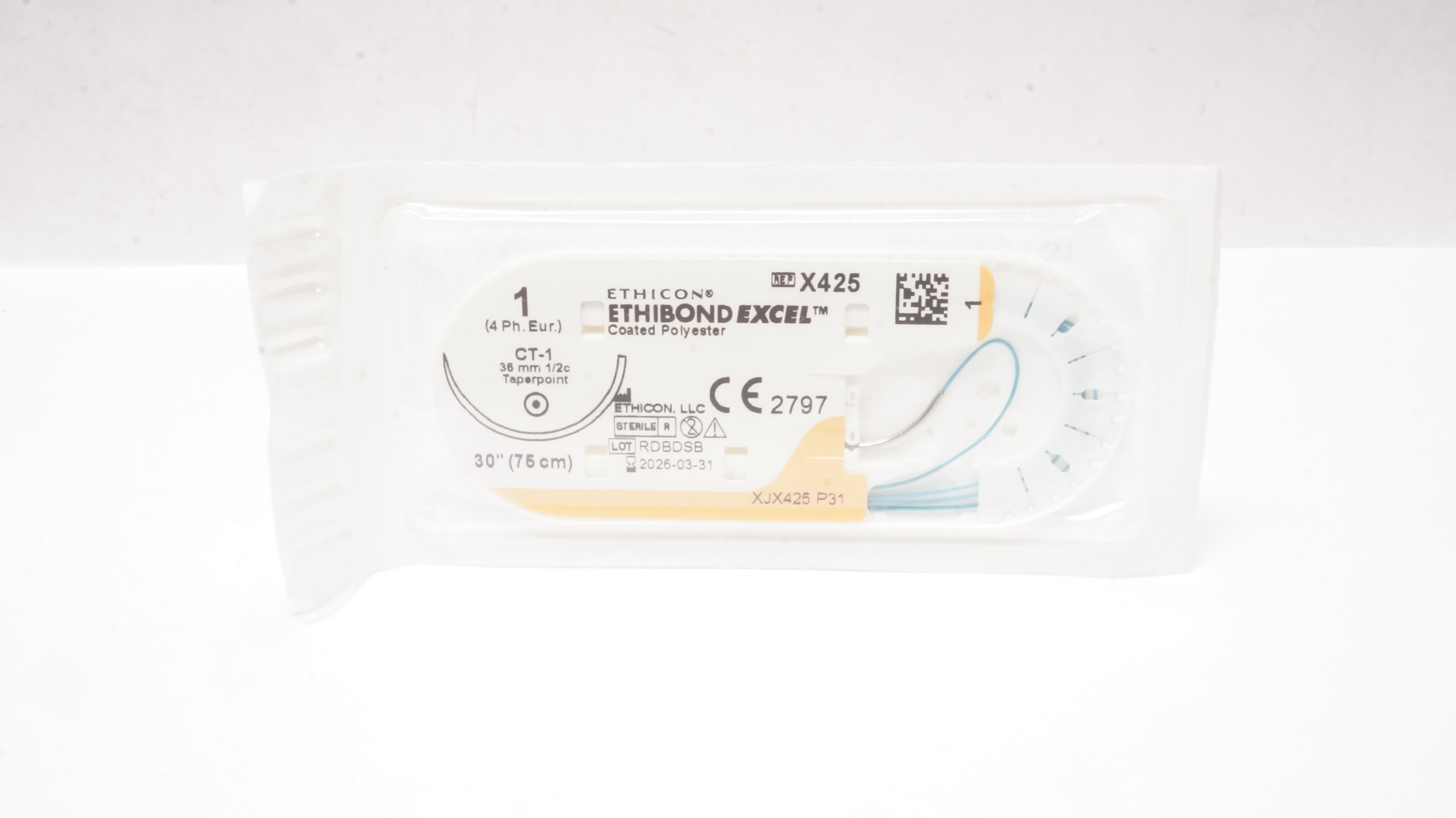 Ethicon X425 1 ETHIBOND EXCEL Coated Polyester CT-1 36mm 1/2c Taperpoint, 30inch