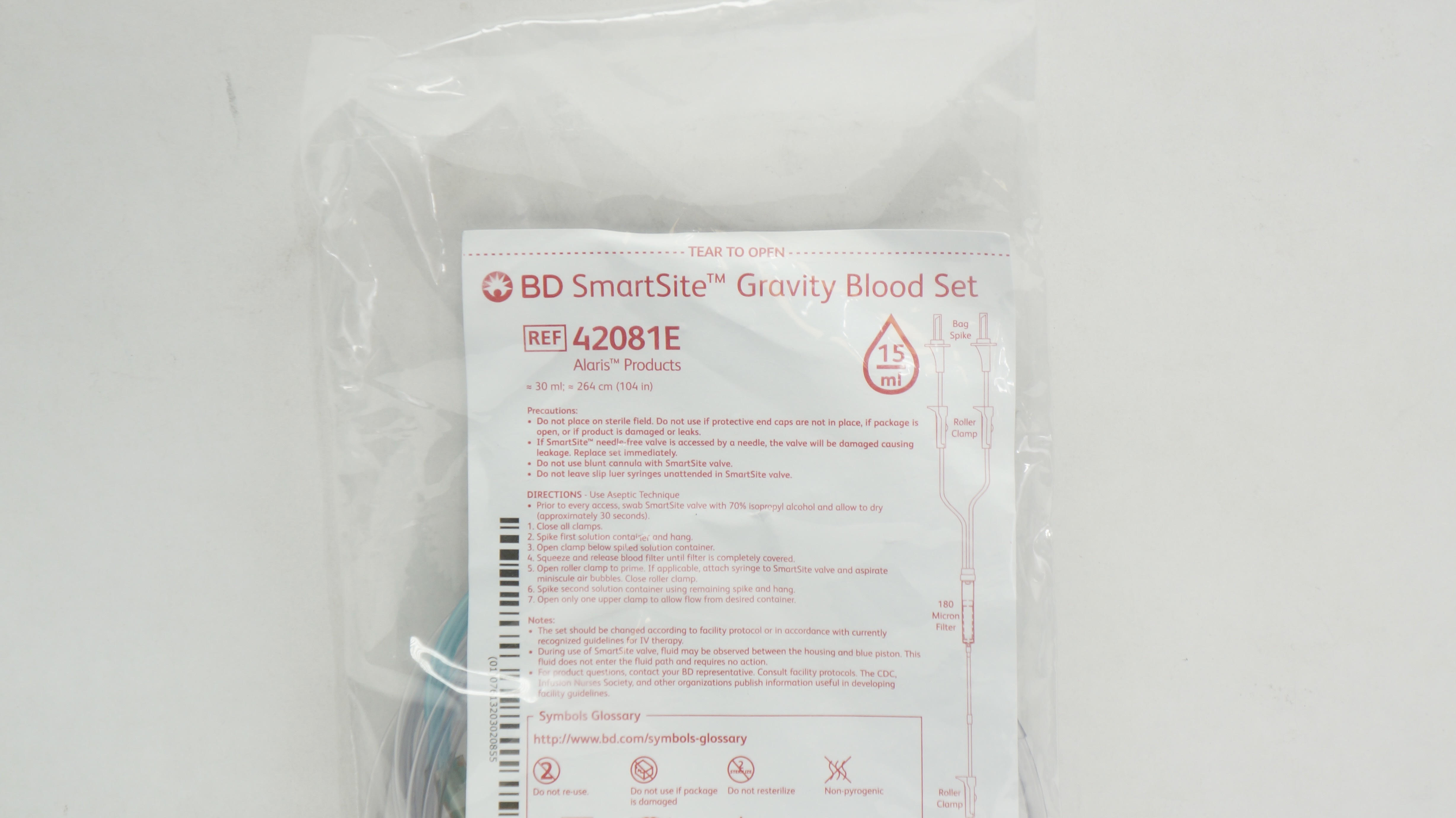 BD 42081E Alaris SmartSite Gravity Blood Set, 15Drops/mL 30ml x 104inch