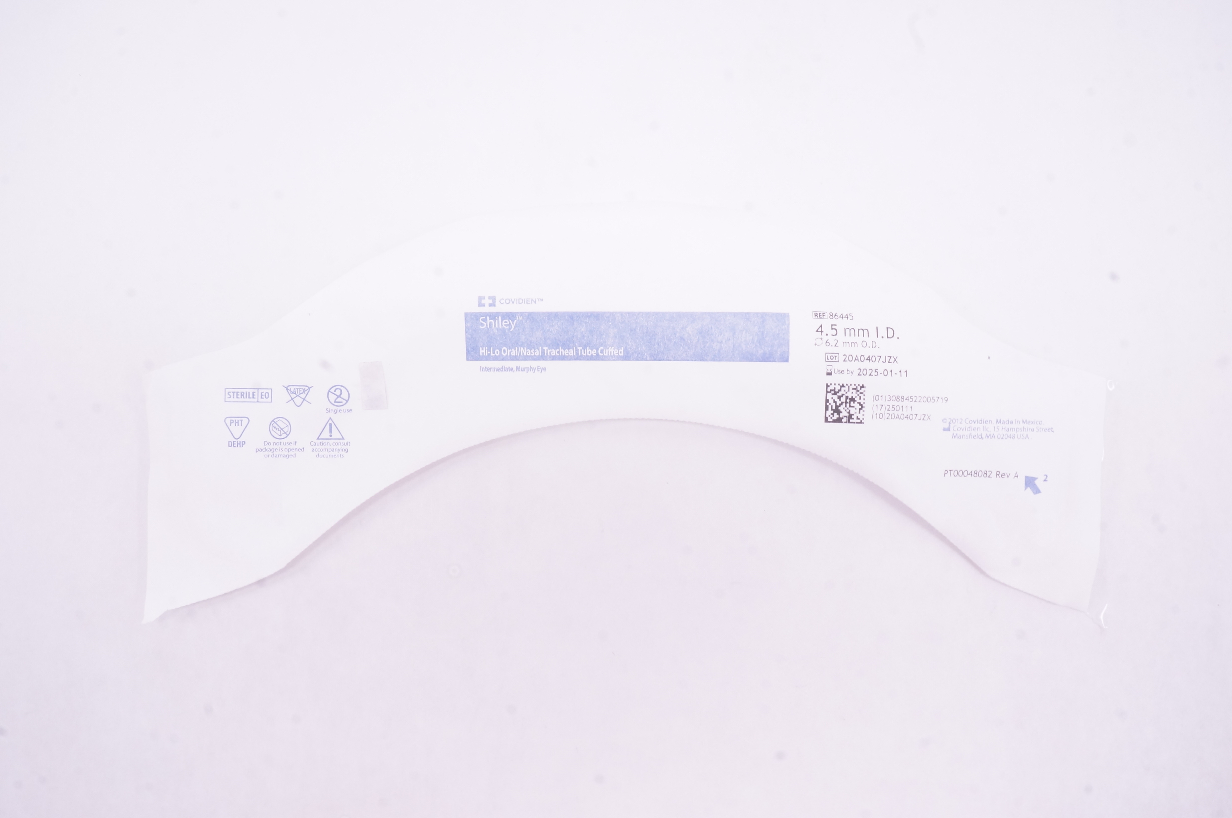 Covidien 86445 Shiley Hi-Lo Oral/Nasal Tracheal Tube Cuffled 4.5mm x 6.2mm