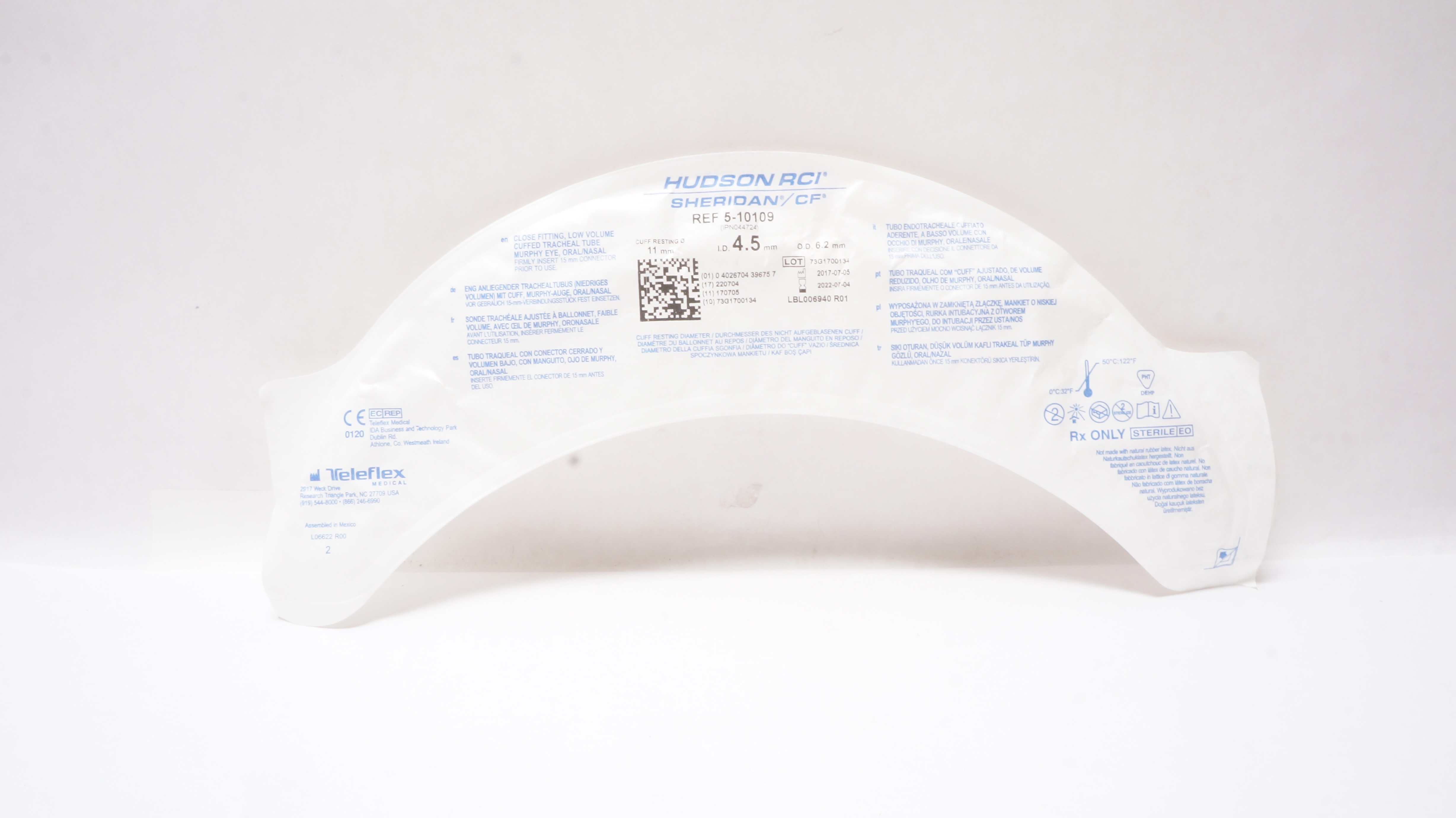 Teleflex 5-10109 Hudson RCI Cuffed Tracheal Tube 4.5ID x 6.2OD x 11mm(x)