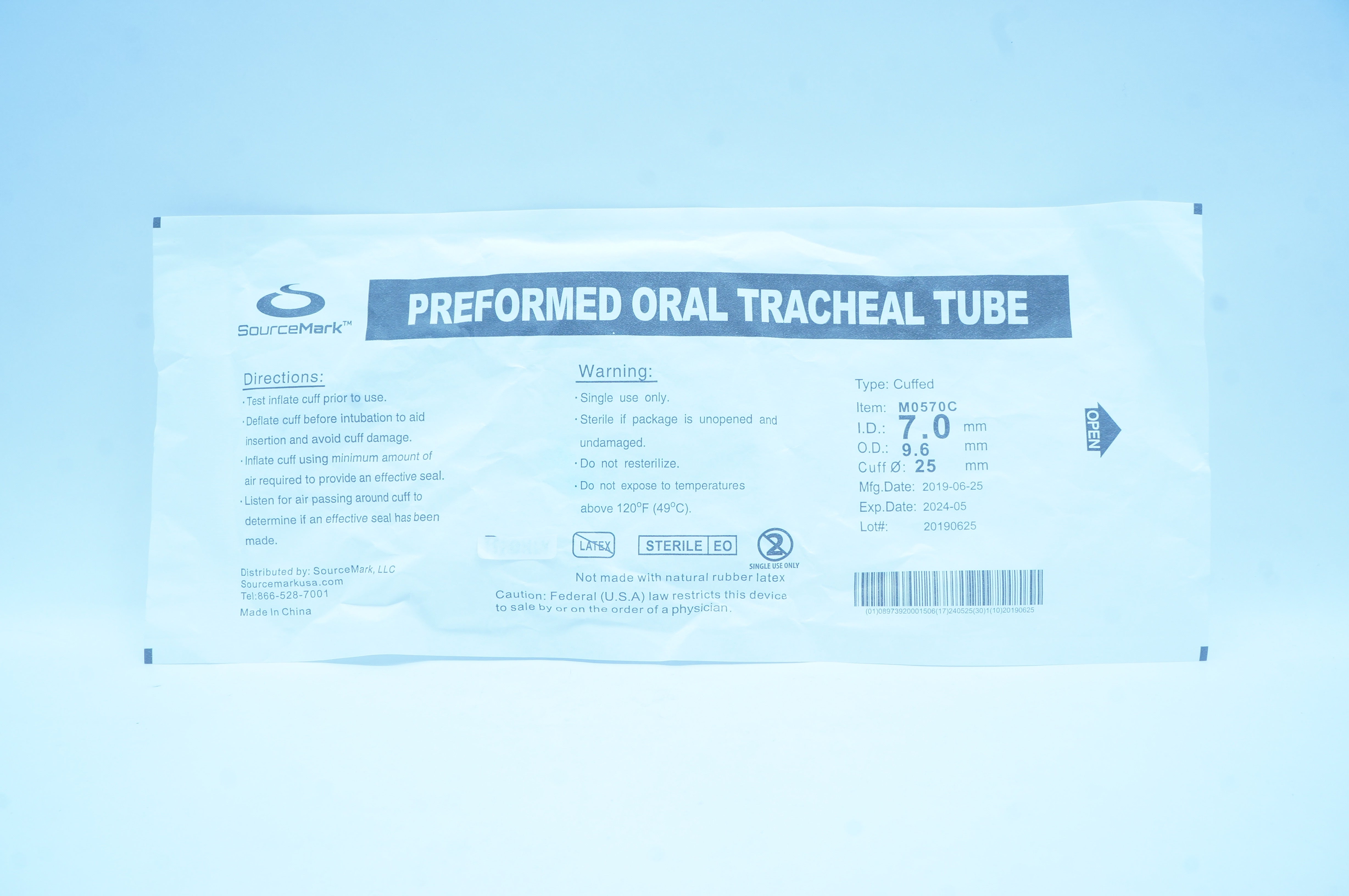 SourceMark M0570C Preformed Oral Tracheal Tube, Cuffed 7.0mm ID 9.6mm OD