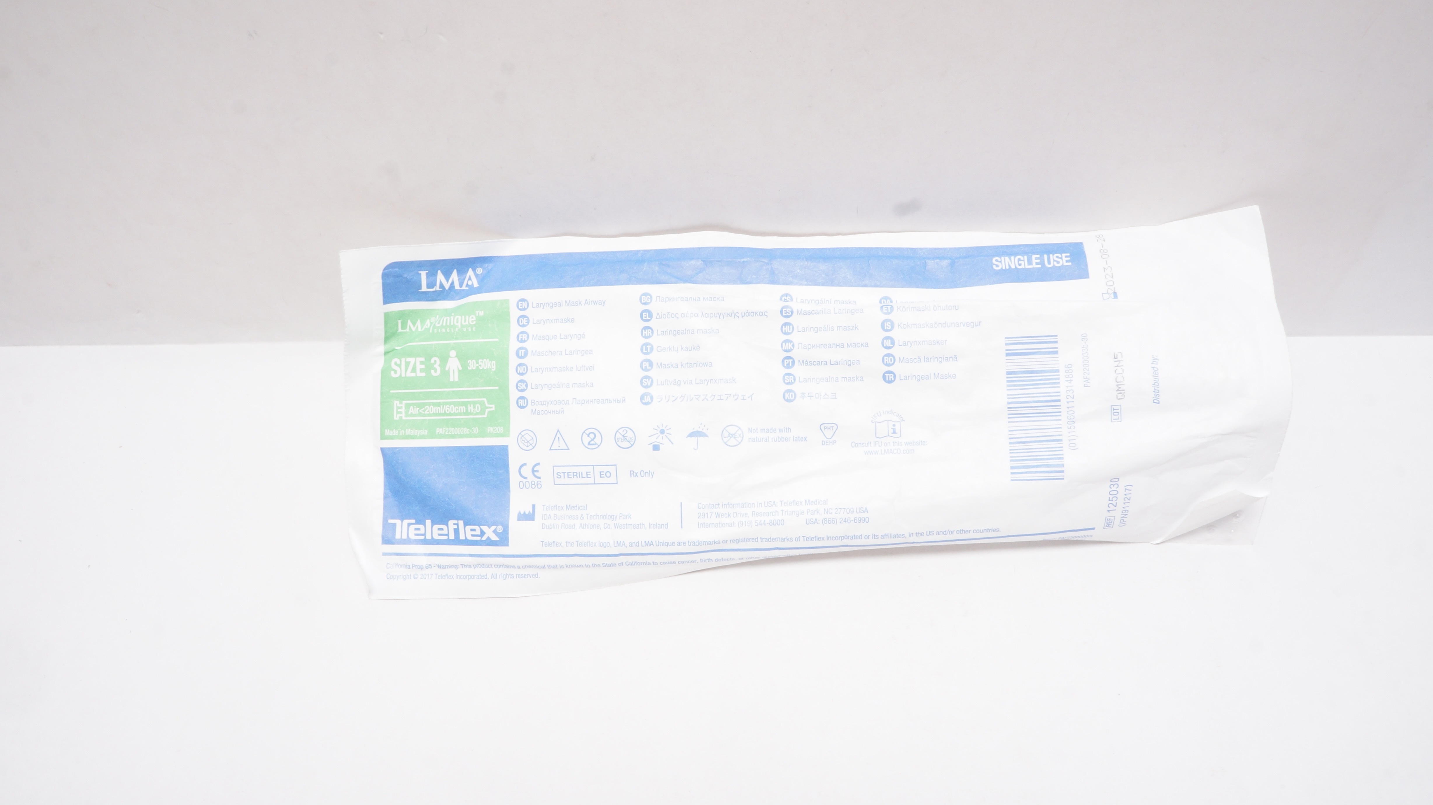 Teleflex 125030 LMA Unique Laryngeal Mask Airway Size 3, 30-50kg