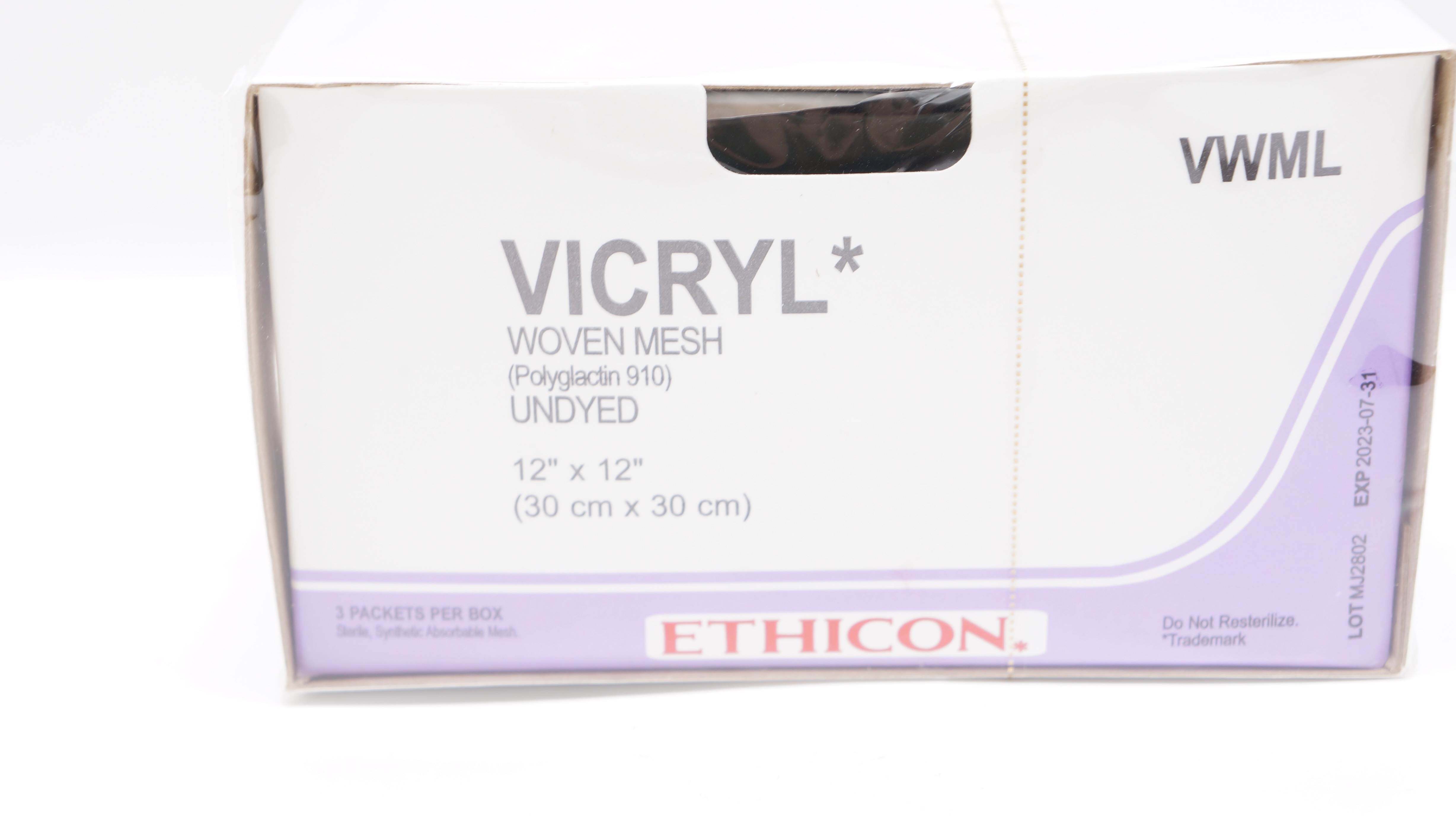 Ethicon VWML VICRYL Woven Mesh Polyglactin 910 Undyed 12 x12in- Box of 3 Packets