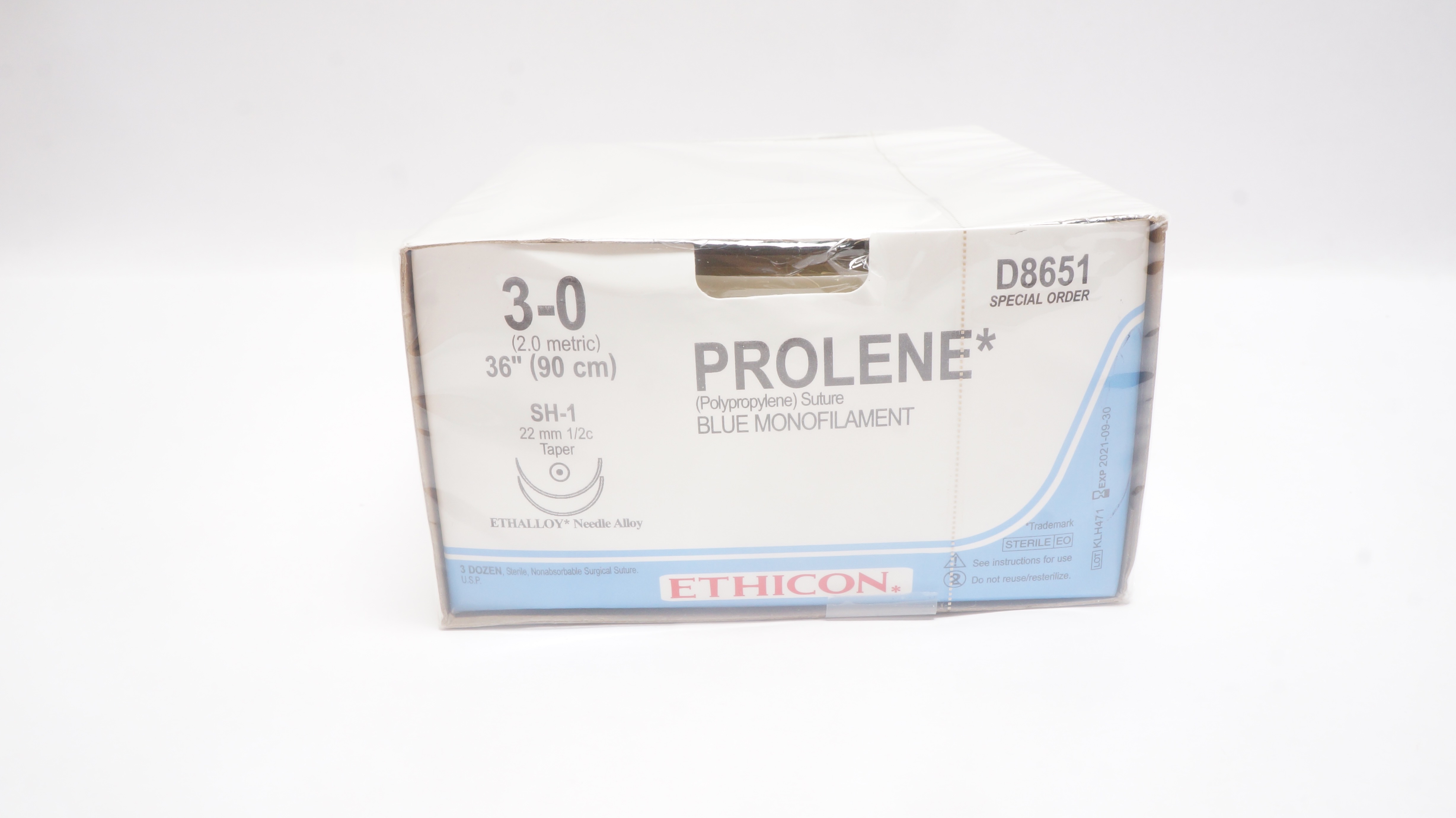 Ethicon D8651 3-0 PROLENE, SH-1, 22mm 1/2c Taper, 36inch (x) - Box of 36