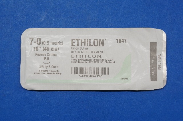 Ethicon 1647 7-0 ETHILON, P-6 8.0mm 3/8c Reverse Cutting, Black Monofilament 18