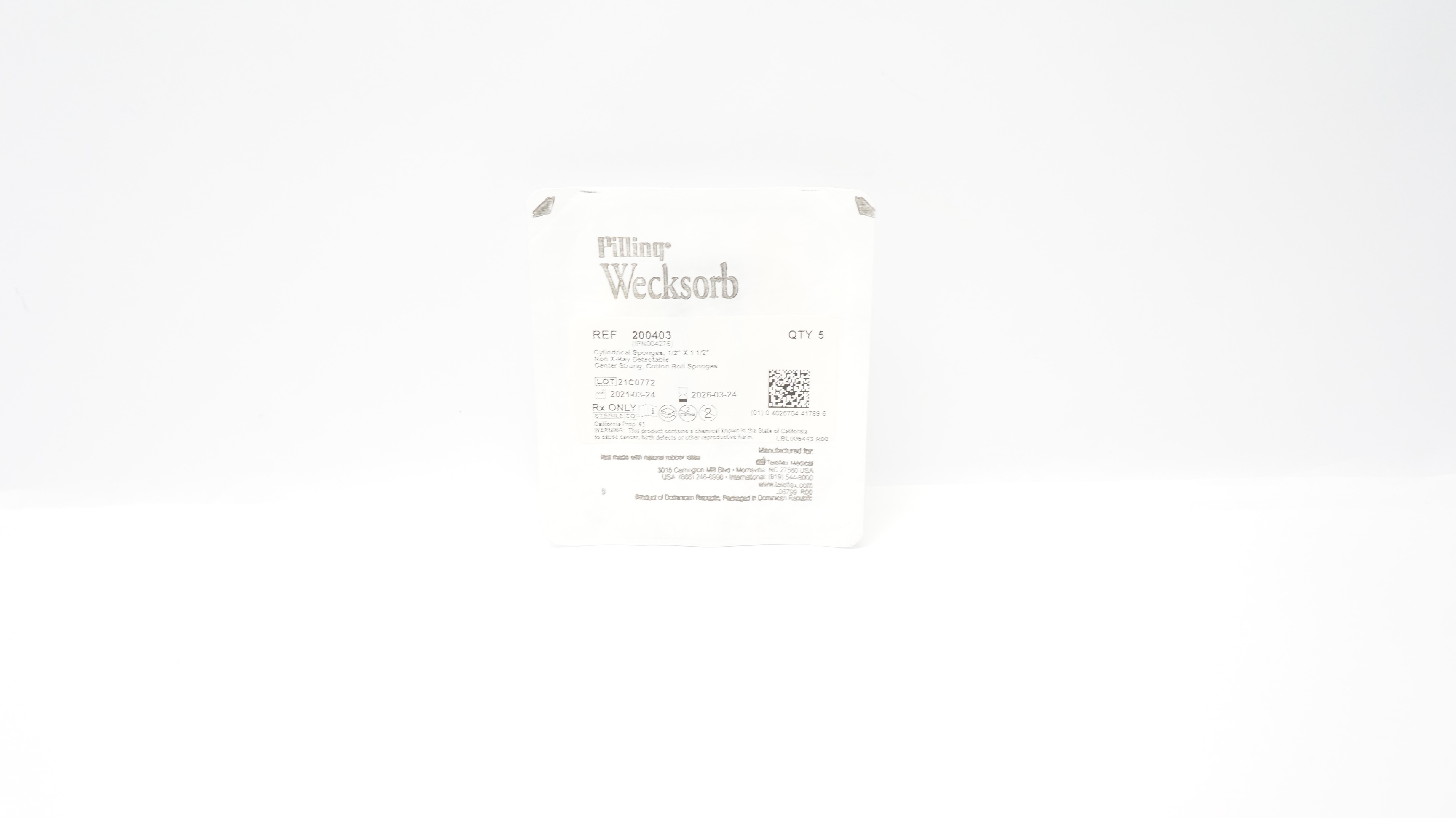 Teleflex 200327 Wecksorb Cylindrical Sponges, 1/2 x 1/2inch - Pack of 5