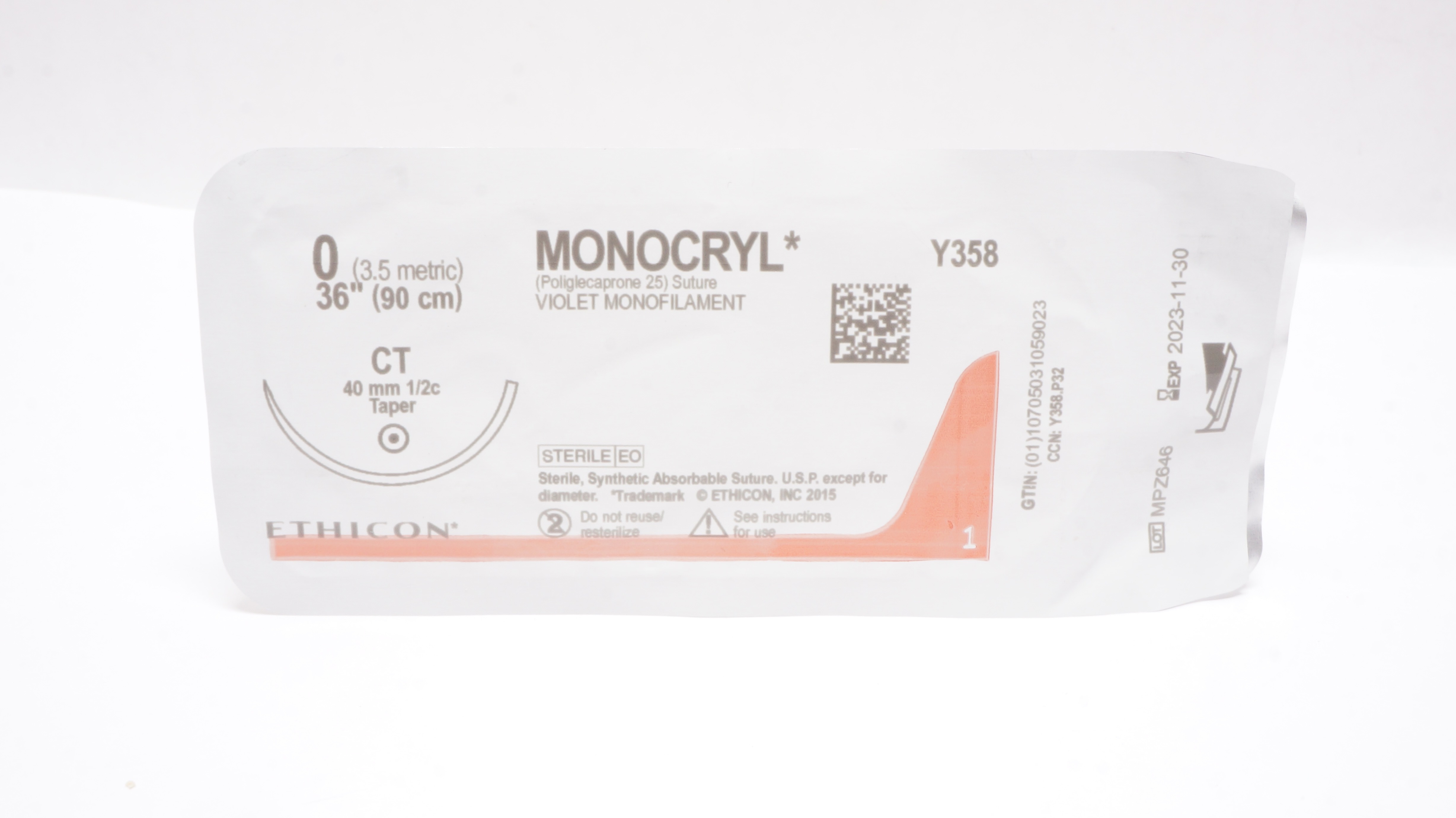 Ethicon Y358 0 MONOCRYL Violet Monofilament CT 40mm 1/2C Taper, 36inch