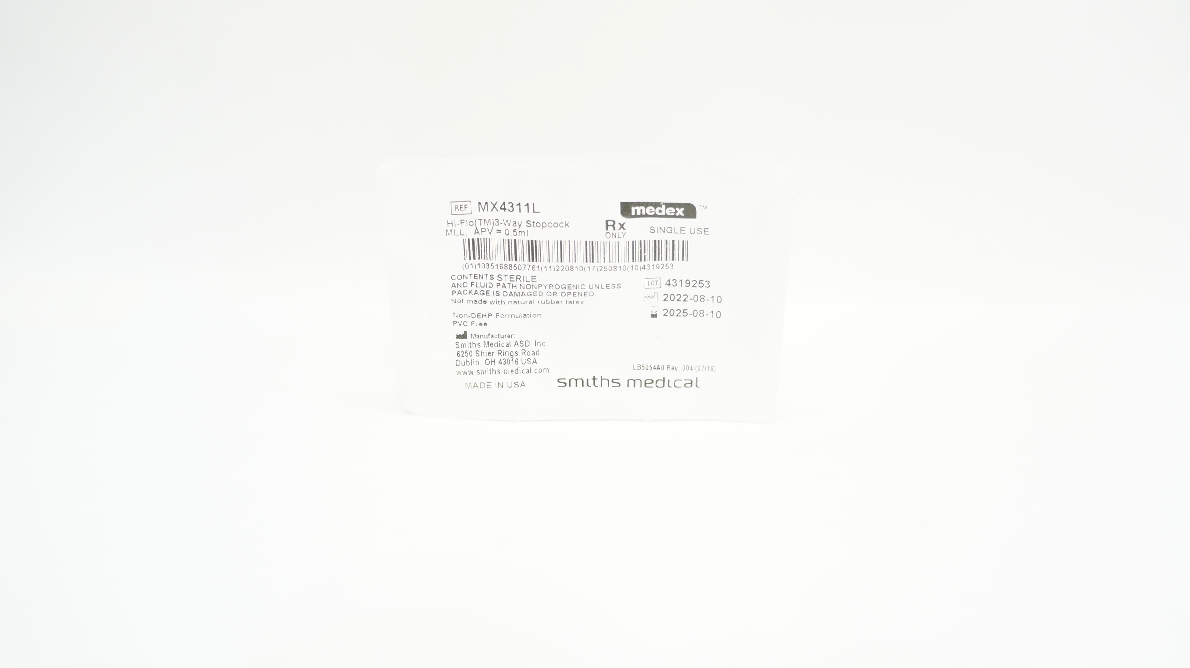 Smiths Medical MX4311L Medex Hi-Flo 3 Way Stopcock MLL, APV = 0.5ml