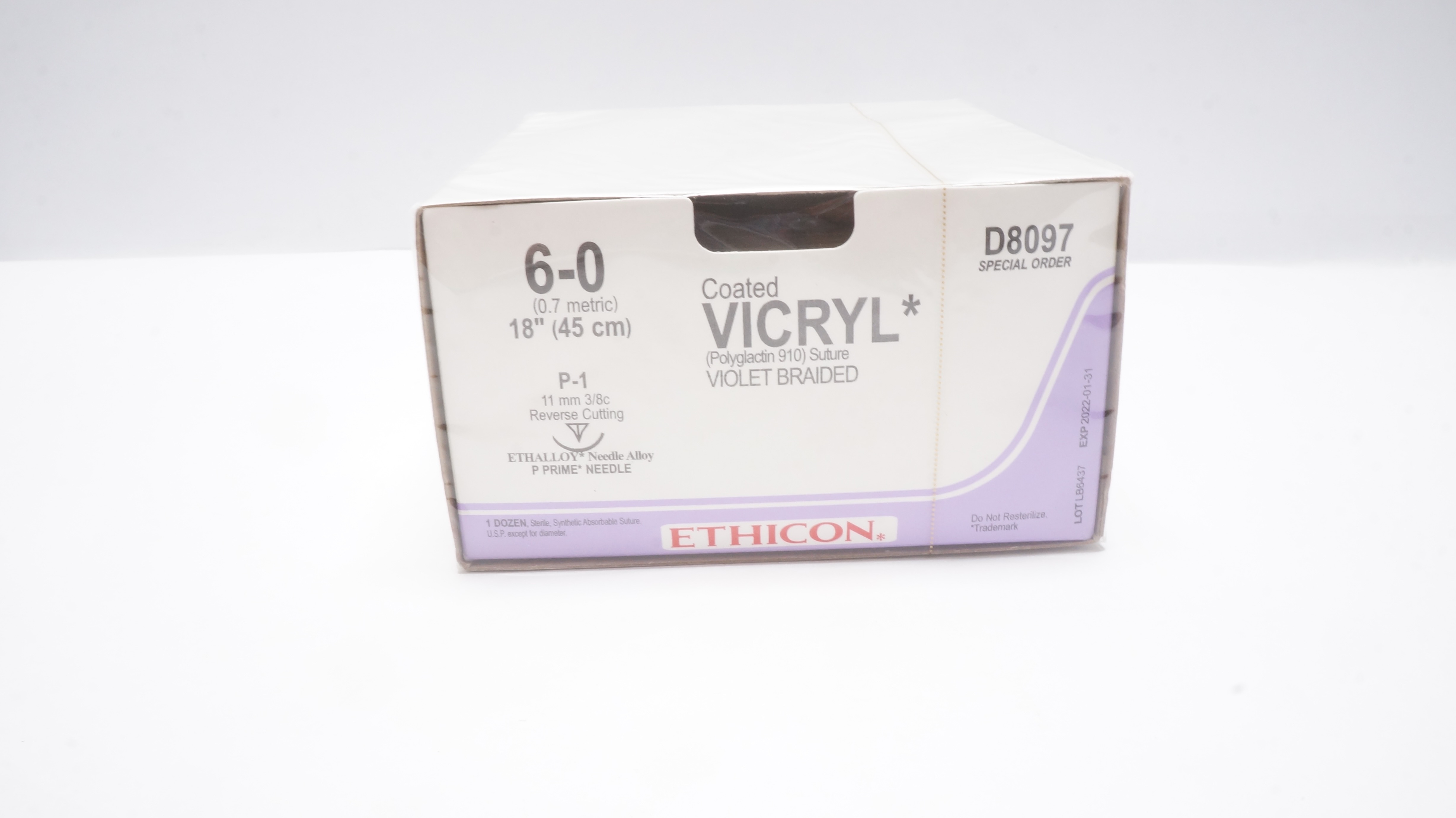 Ethicon D8097 6-0 VICRYL, P-1, 11mm 3/8c Reverse Cutting, 18inch (x) - Box of 12