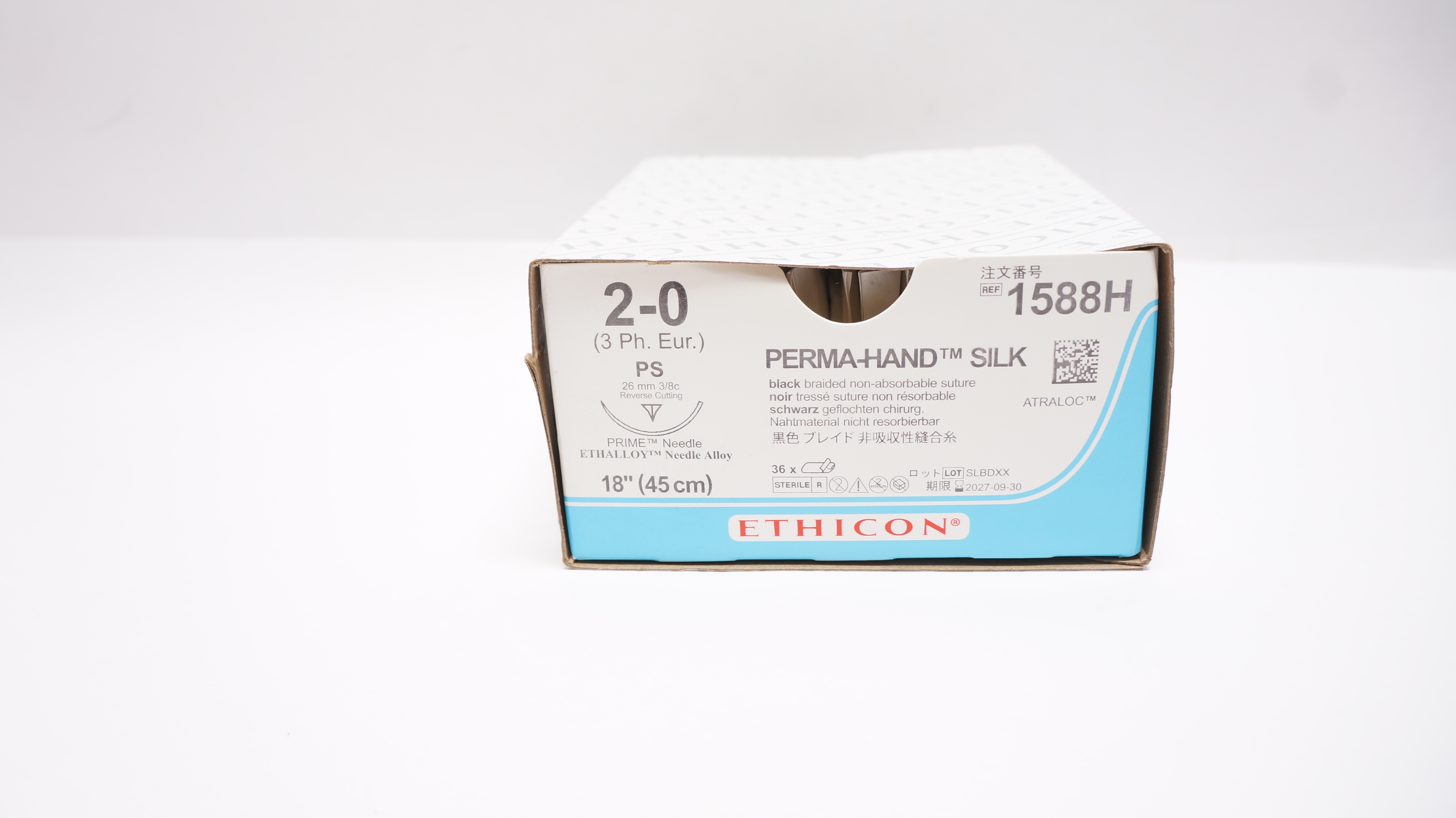 Ethicon 1588H 2-0 PERMA-HAND SILK PS 26mm 3/8c Reverse Cutting,18in - Box of 36