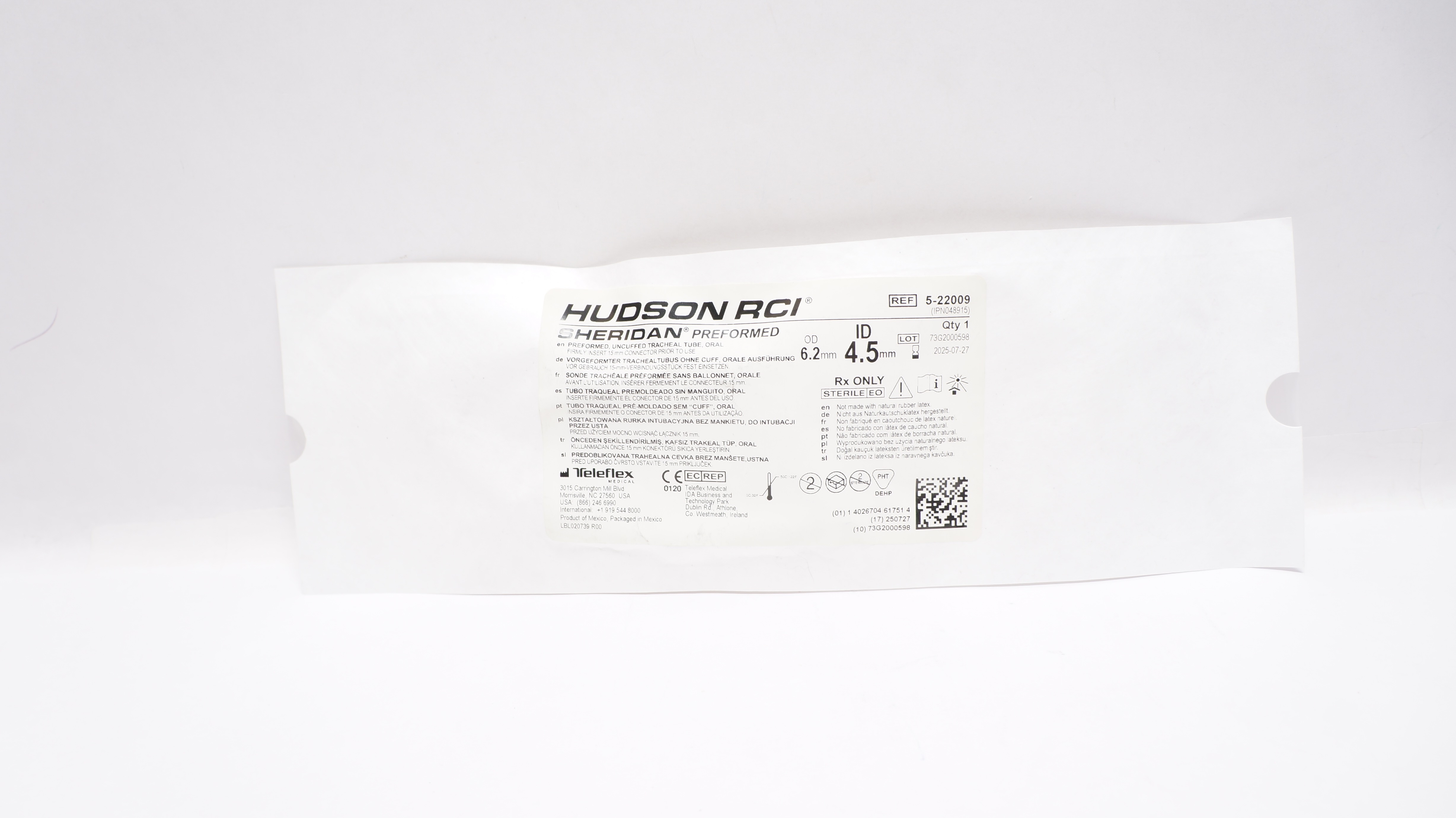 Teleflex 5-22009 Hudson RCI Preformed Tracheal Tube Uncuffed Oral 6.2 x 4.5mm
