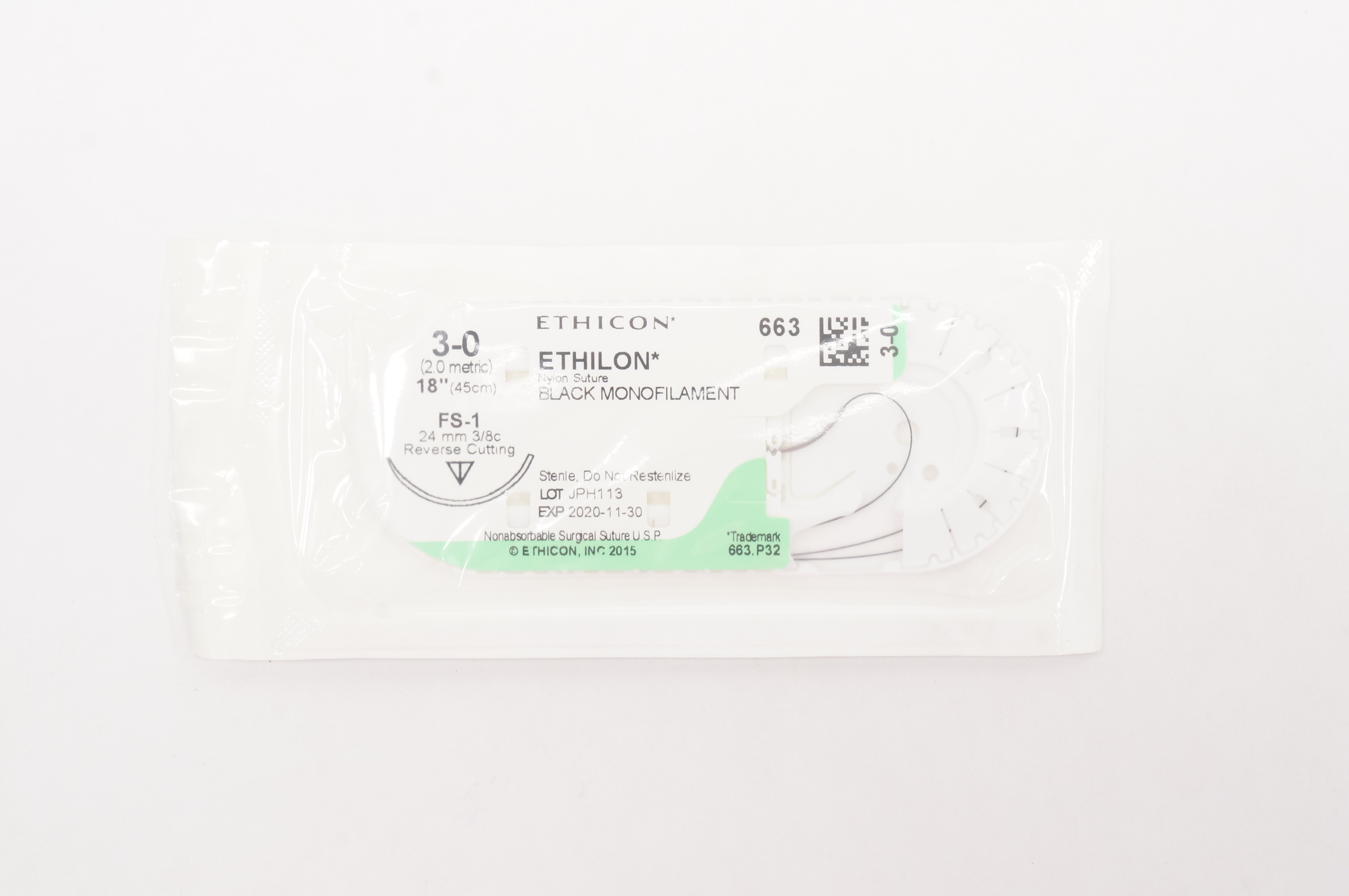 Ethicon 663 3-0 Ethilon Nylon FS-1 24mm 3/8c Reverse Cutting 18 inch (x)