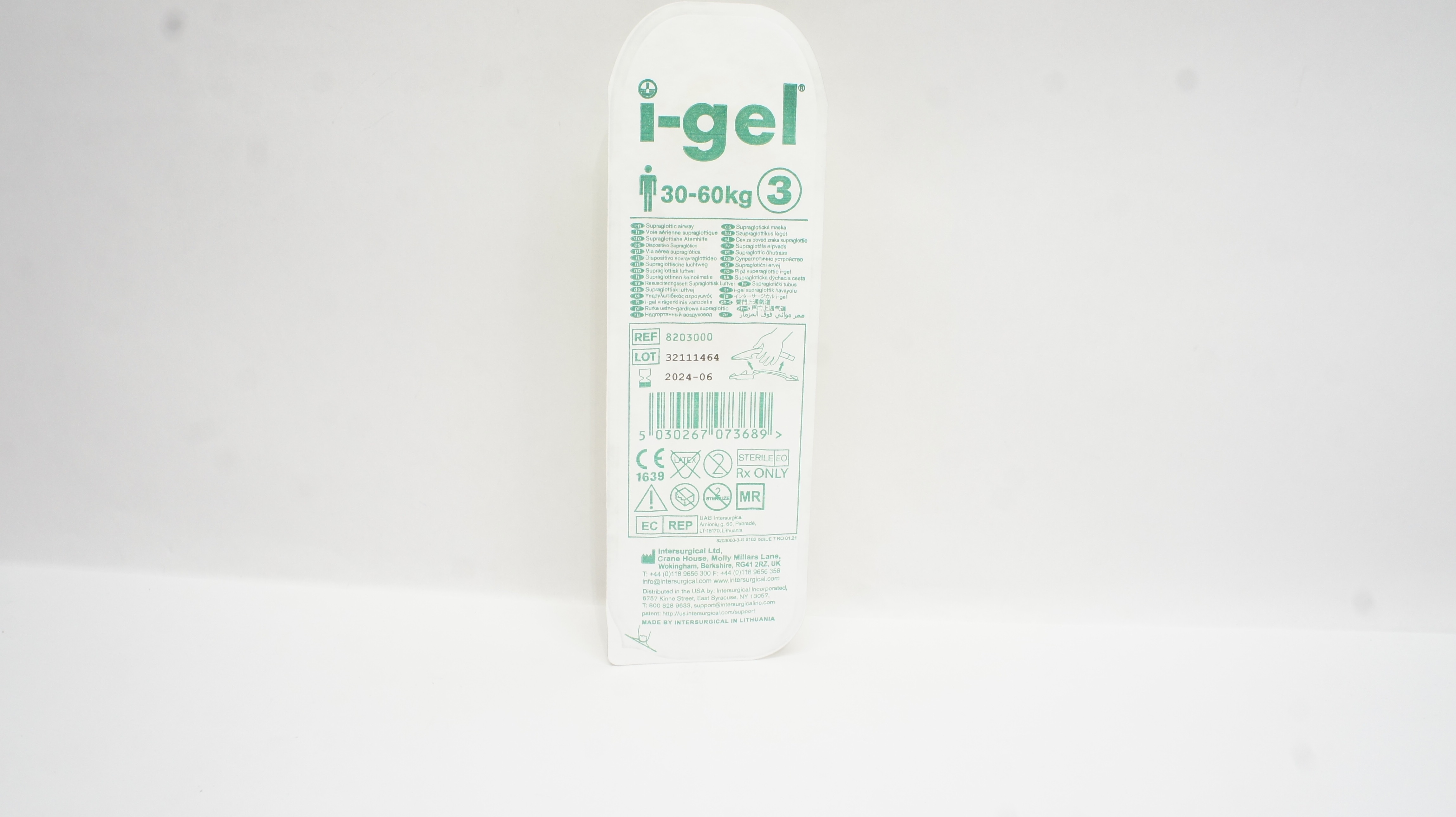 Intersurgical 8203000 I-Gel Supraglottic Airway 30-60kg Size 3