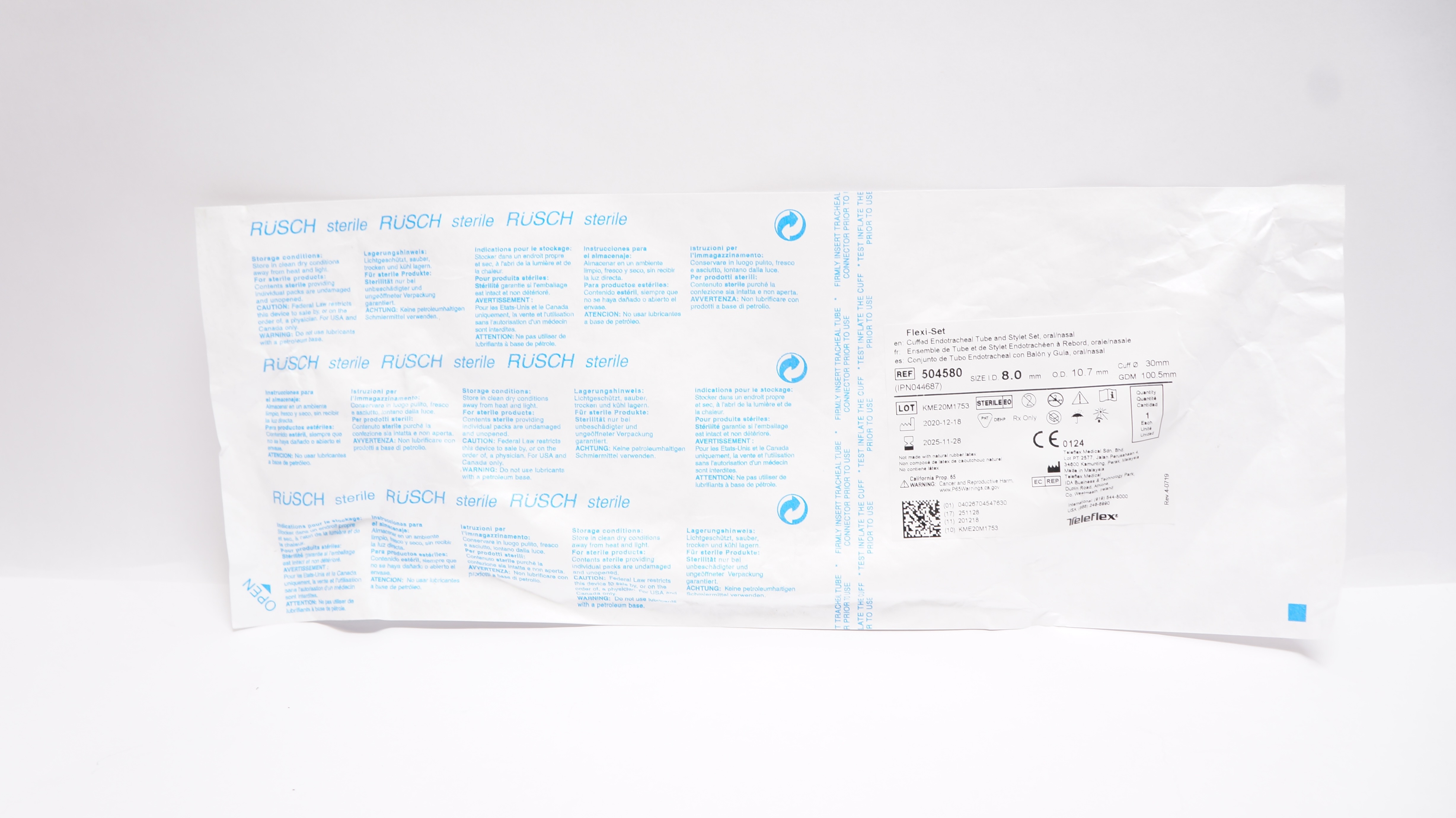Teleflex 504580 Flexi-Set Endotracheal Tube & Stylet 8.0 ID x 10.7 OD x 30.0mm