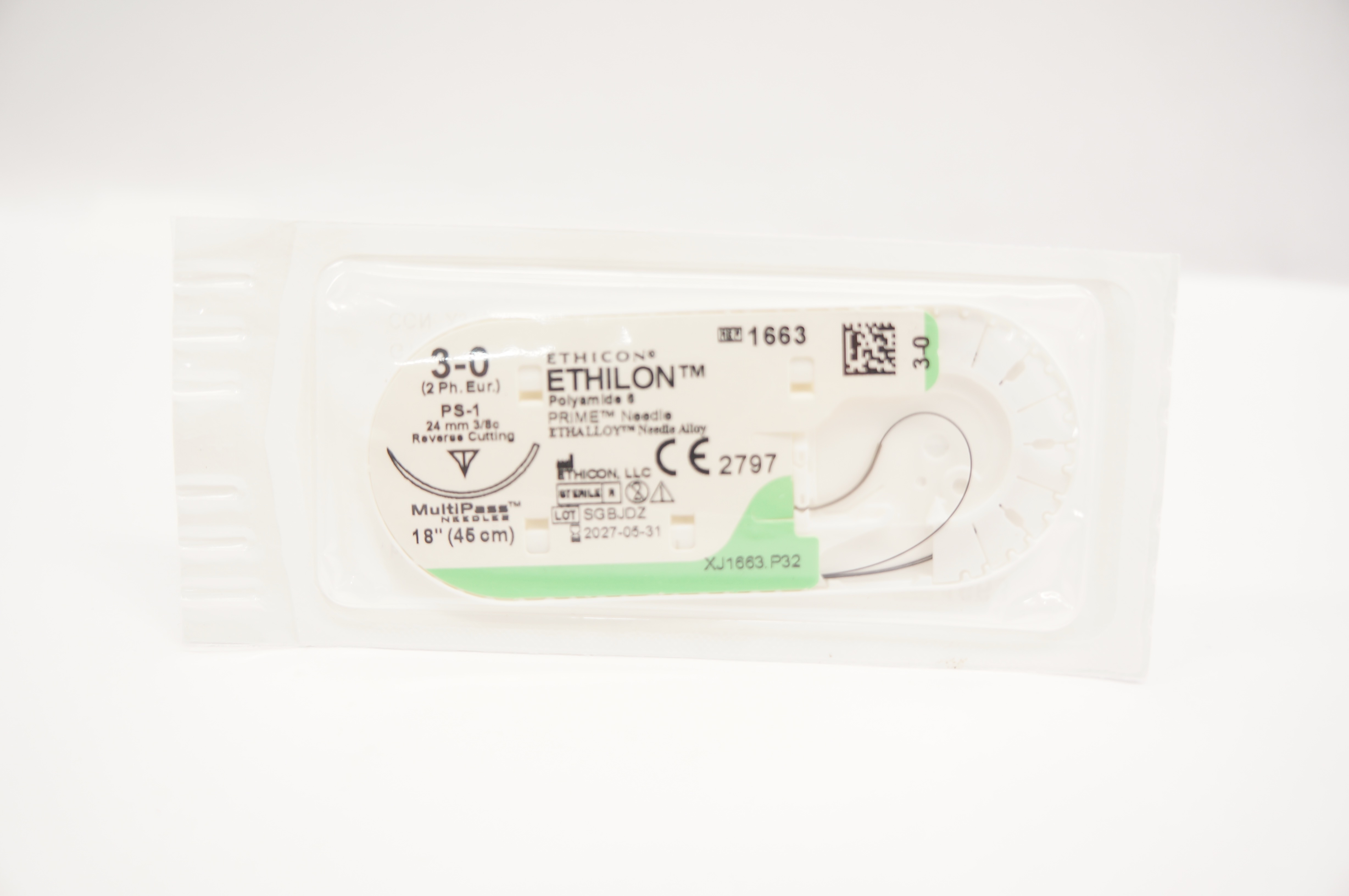 Ethicon 1663 3-0 ETHILON Polyamide 6 Stre PS-1 24mm 3/8c Reverse Cutting, 18inch