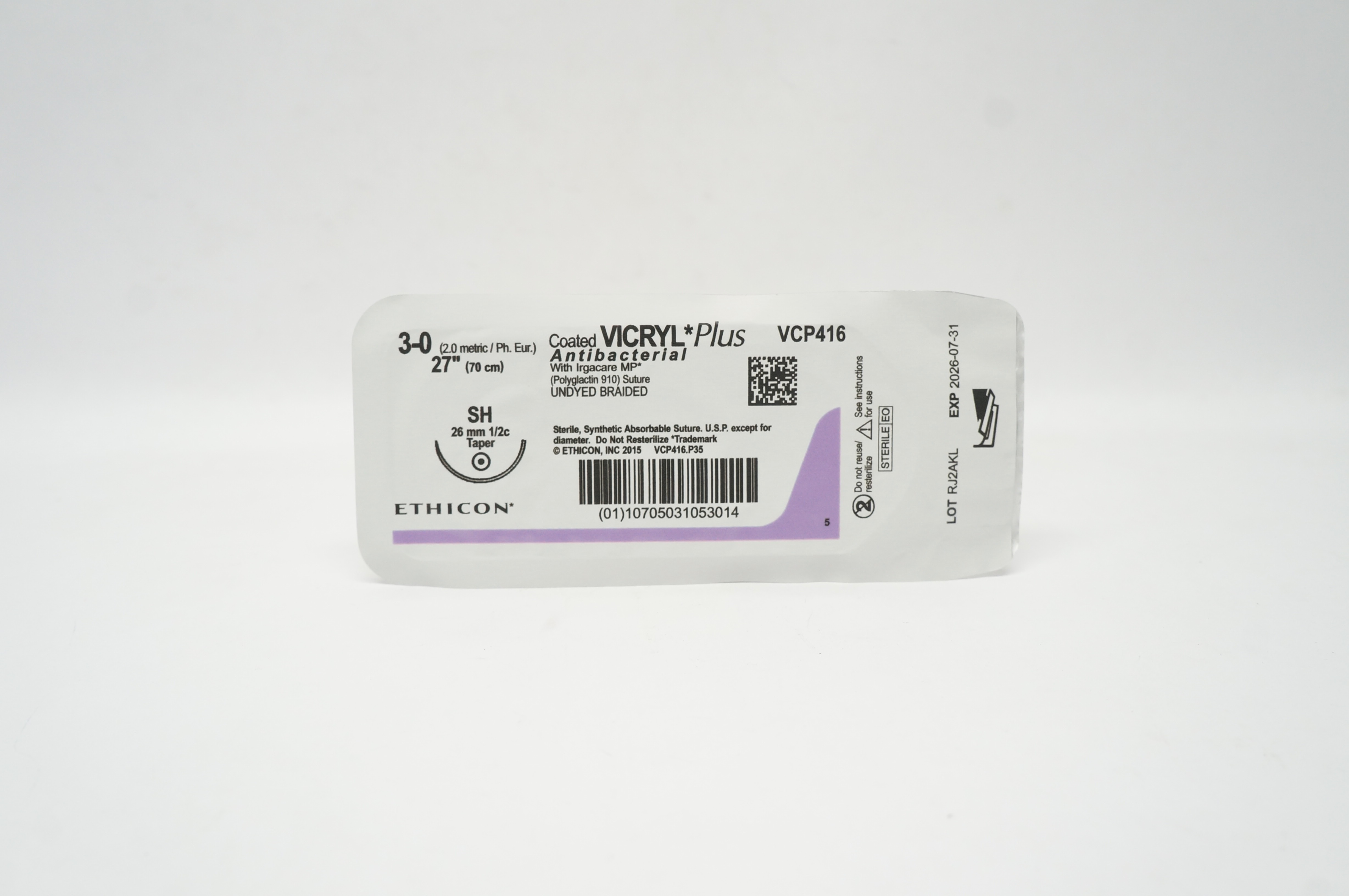 Ethicon VCP416 3-0 Vicryl Plus Antibacterial Stre. SH 26mm 1/2c Taper, 27 inch
