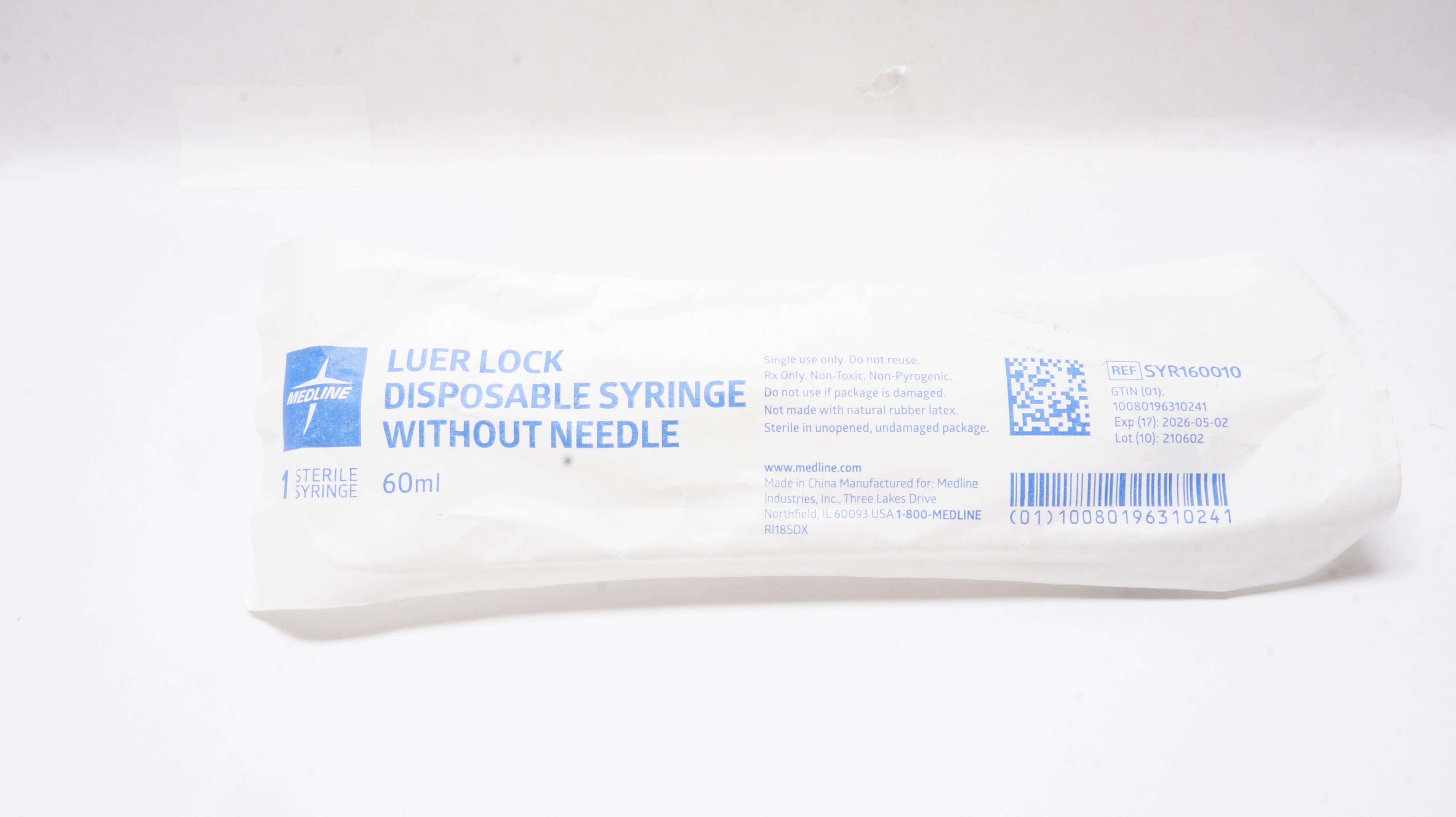 Medline SYR160010 Luer Lock Disposable Syringe Without Ndle 60ml