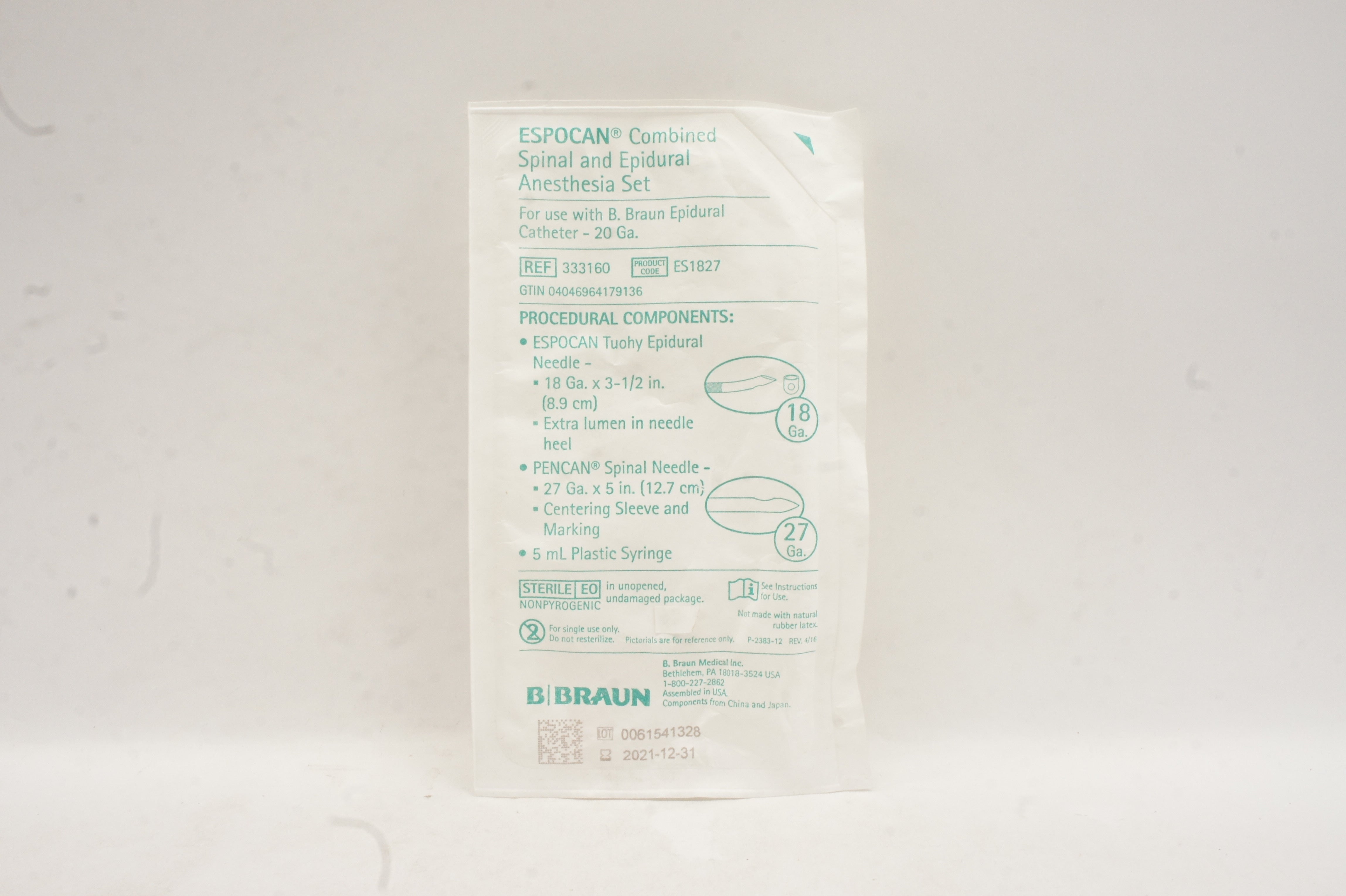 Braun 333160 Espocan Combined Spinal and Epidural Anesthesia Set 18Ga x 27Ga (x)
