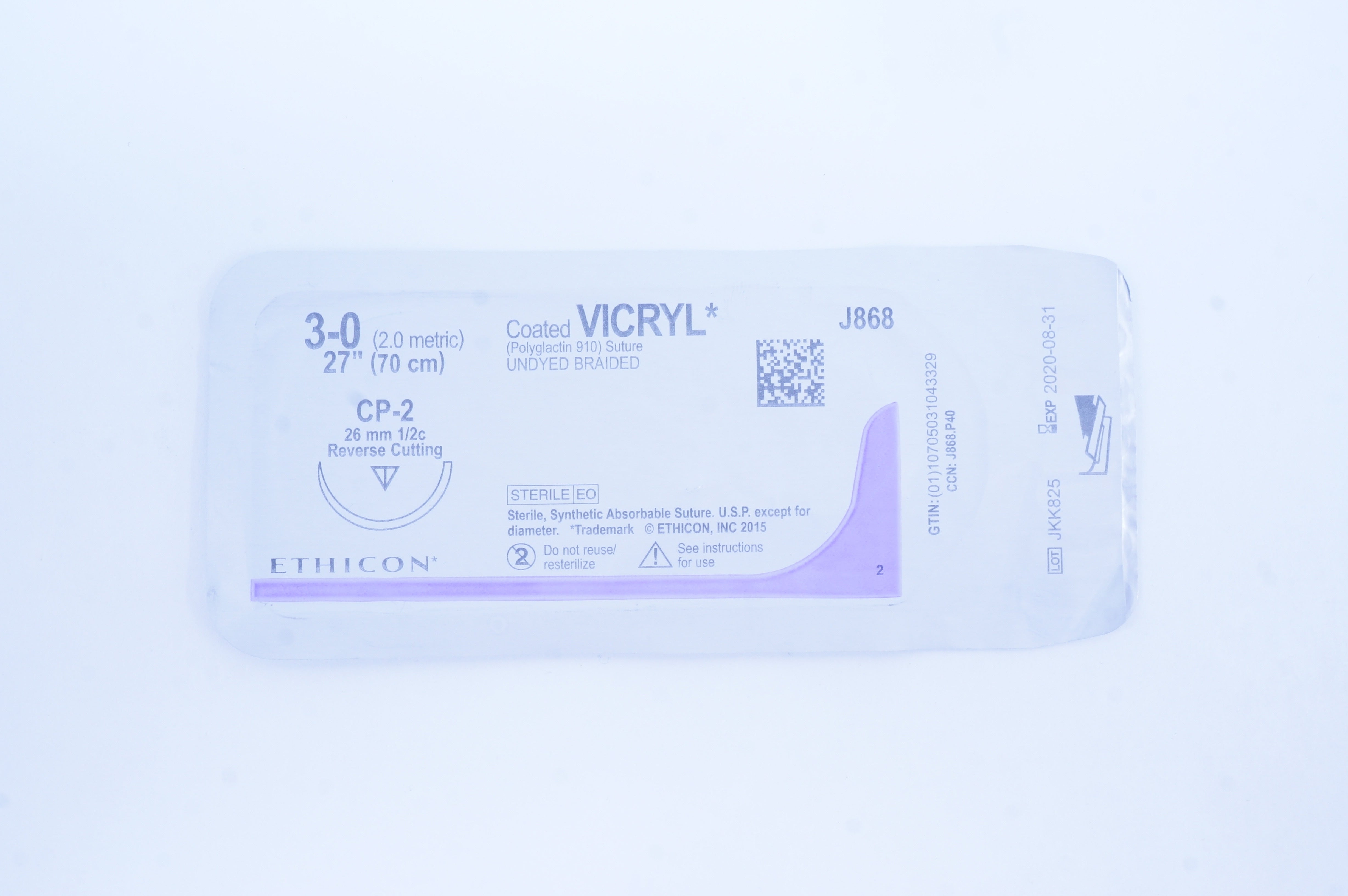 Ethicon J868 3-0 Coated VICRYL CP-2 26mm 1/2c Reverse Cutting, 27inch (x)