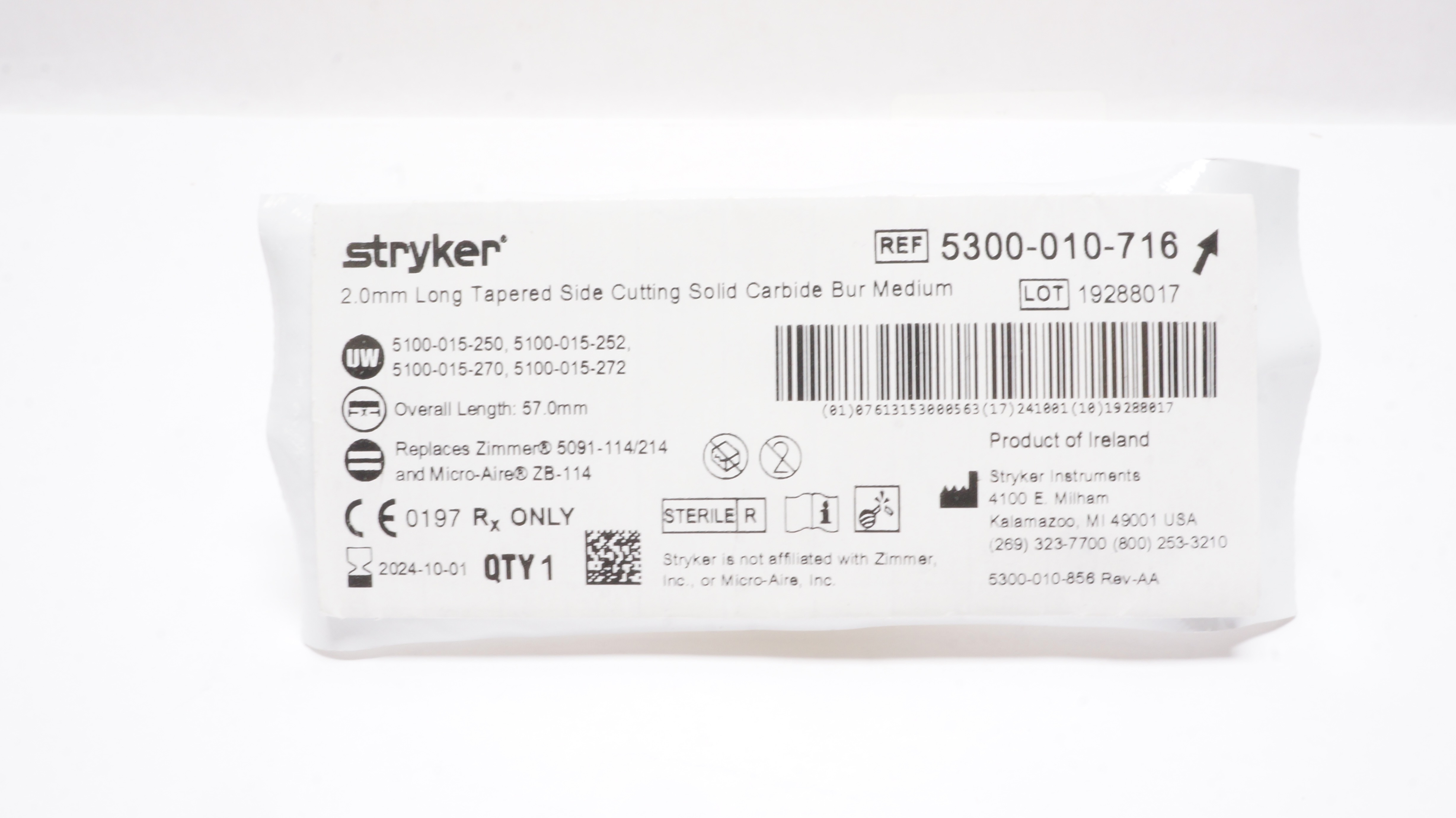 Stryker 5300-010-716 2.0mm Long Tapered Side Cutting Solid Carbide Bur Medium