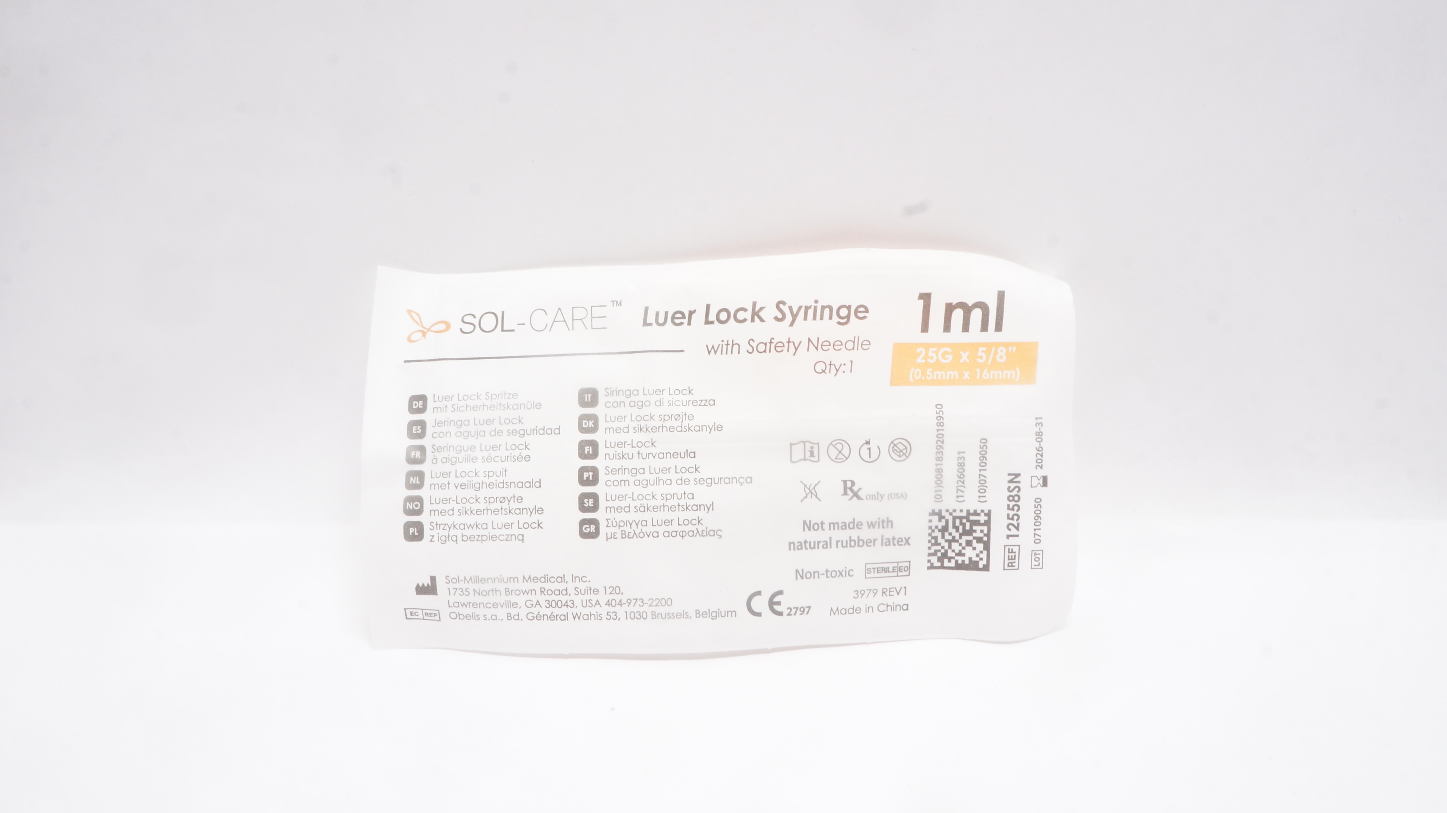 SOL-Care 12558SN 1mL Luer  Lock Syringe w/Safety Ndle.  25G x 5/8inch