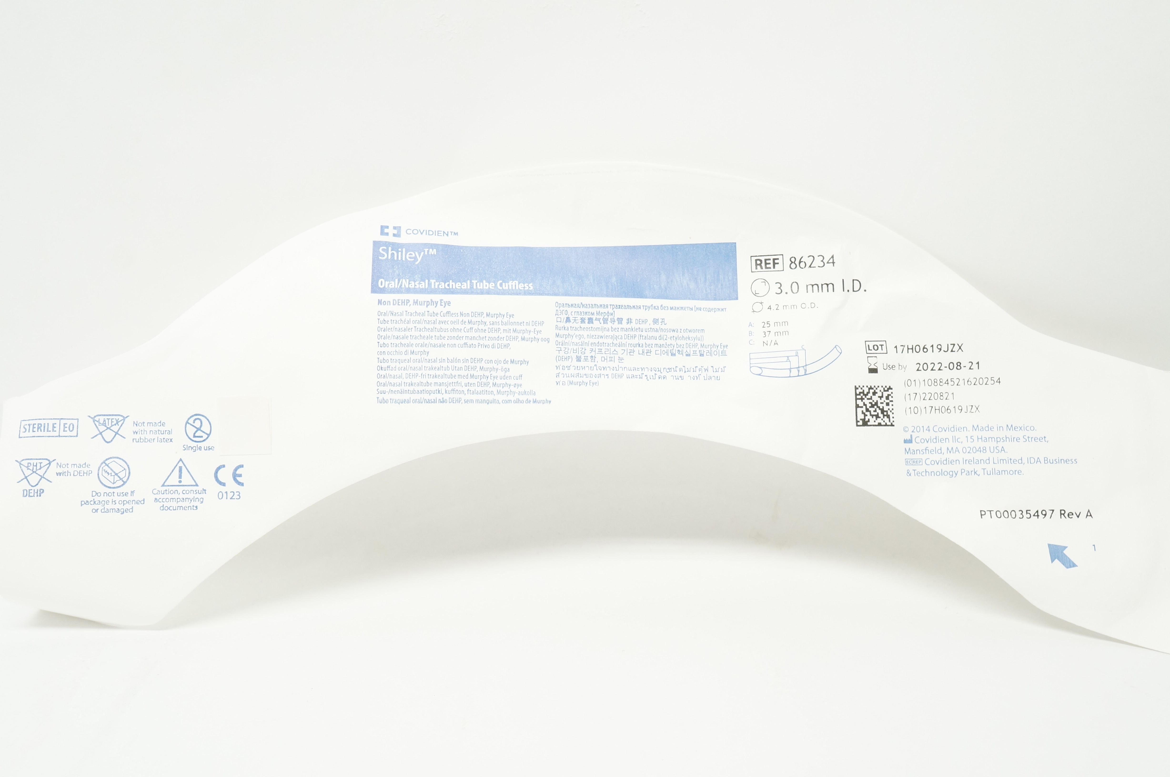 Covidien 86234 Shiley Oral/Nasal Tracheal Tube Cuffless 3.0mm I.D. x 4.2mm O.D.