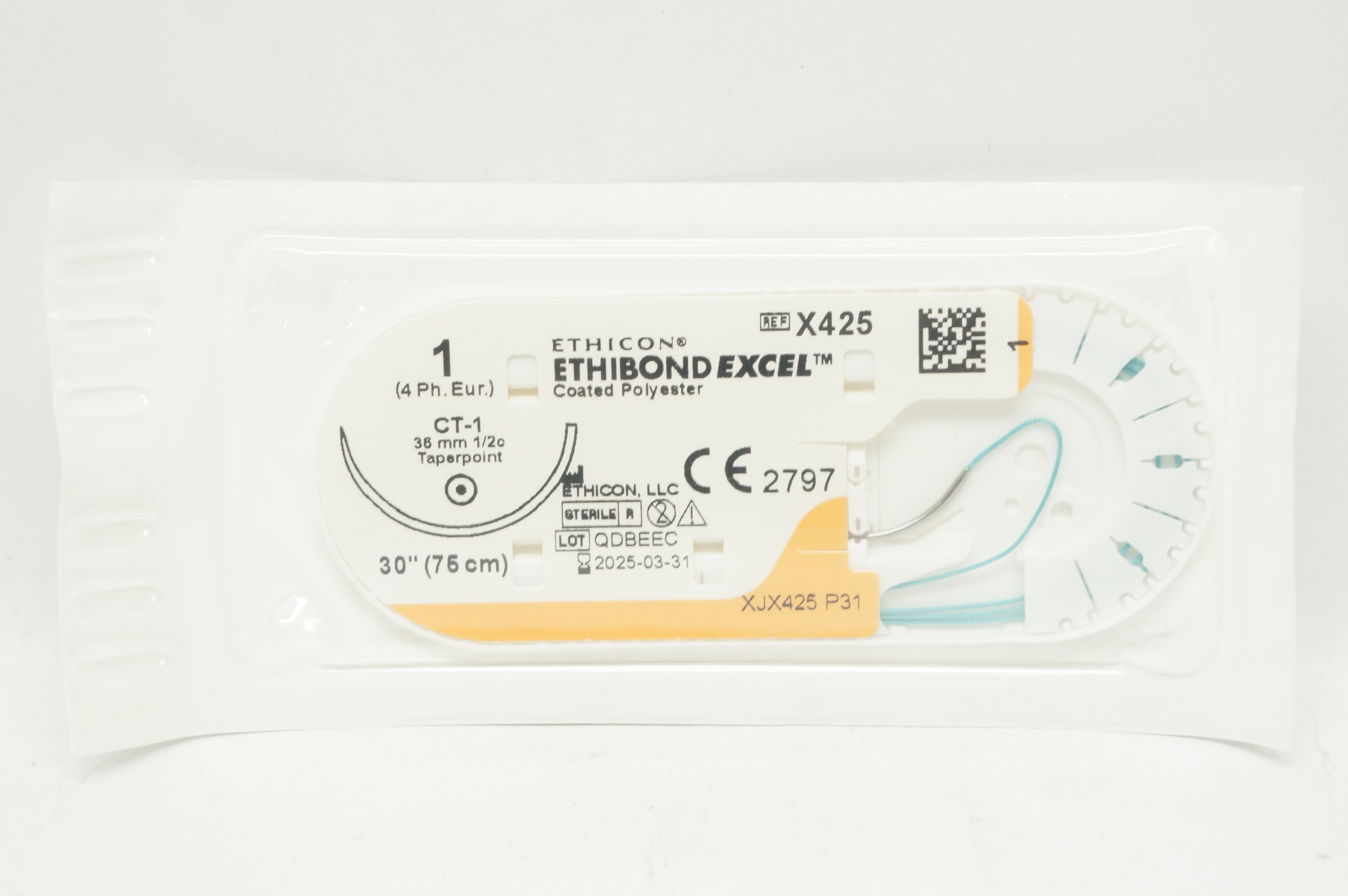 Ethicon X425 1 ETHIBOND EXCEL Coated Polyester CT-1 36mm 1/2c Taperpoint, 30inch