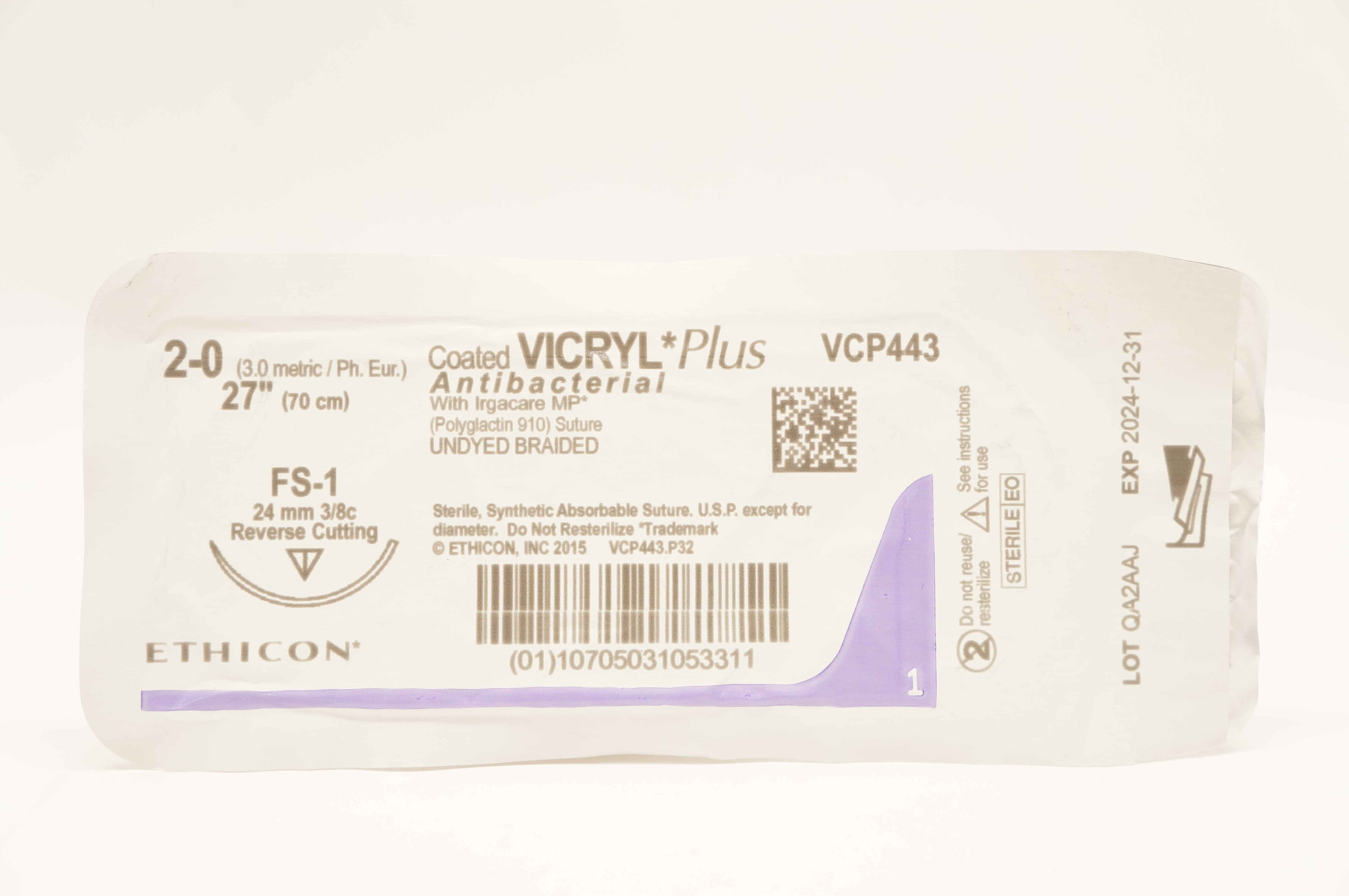 Ethicon VCP443 2-0 VICRYL Plus Stre, FS-1 24mm 3/8c Reverse Cutting 27inch