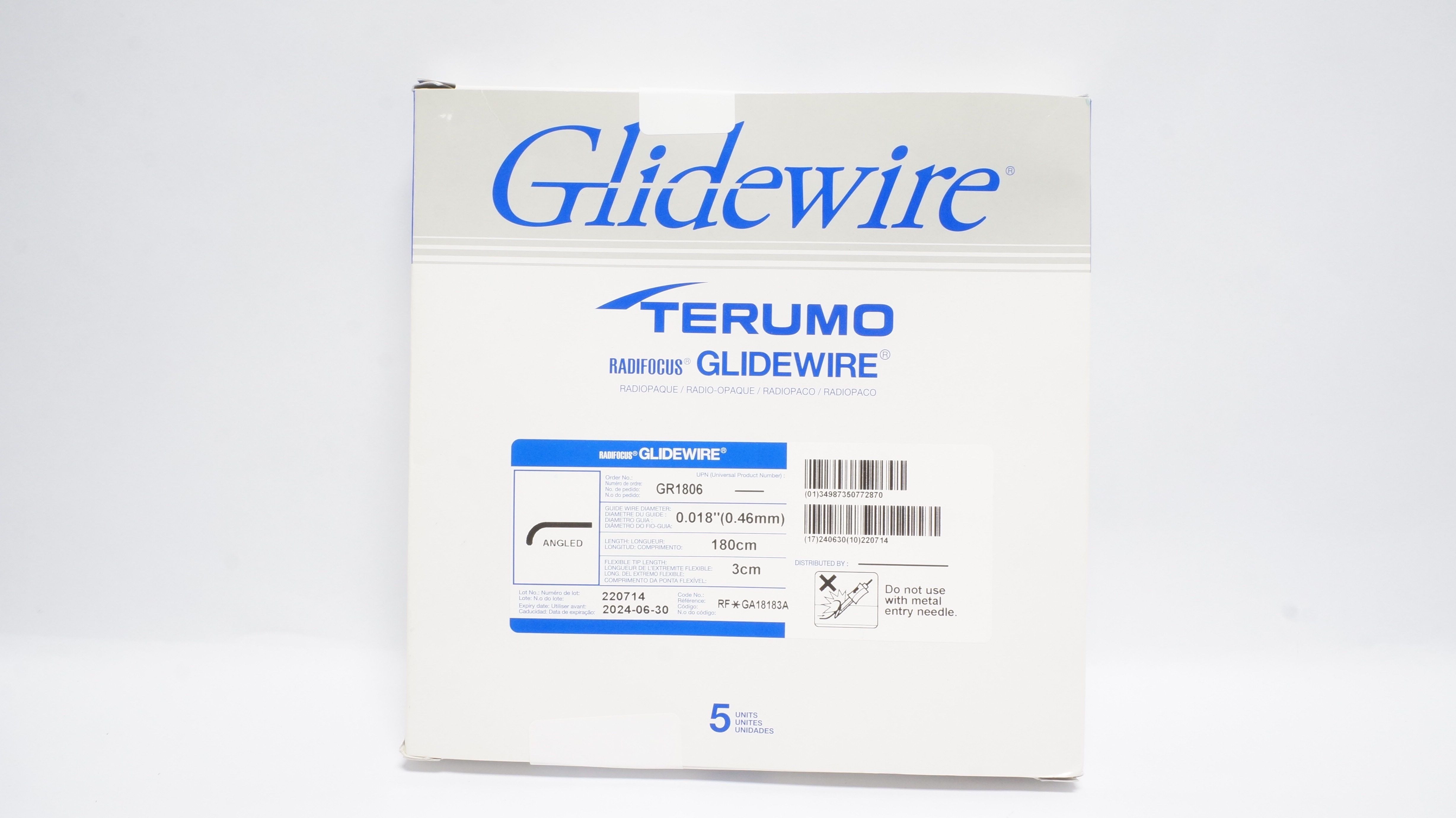 Terumo GA18183A Radifocus Glidewire Angled 0.018inch x 180 x 3cm (x) -Box of 5