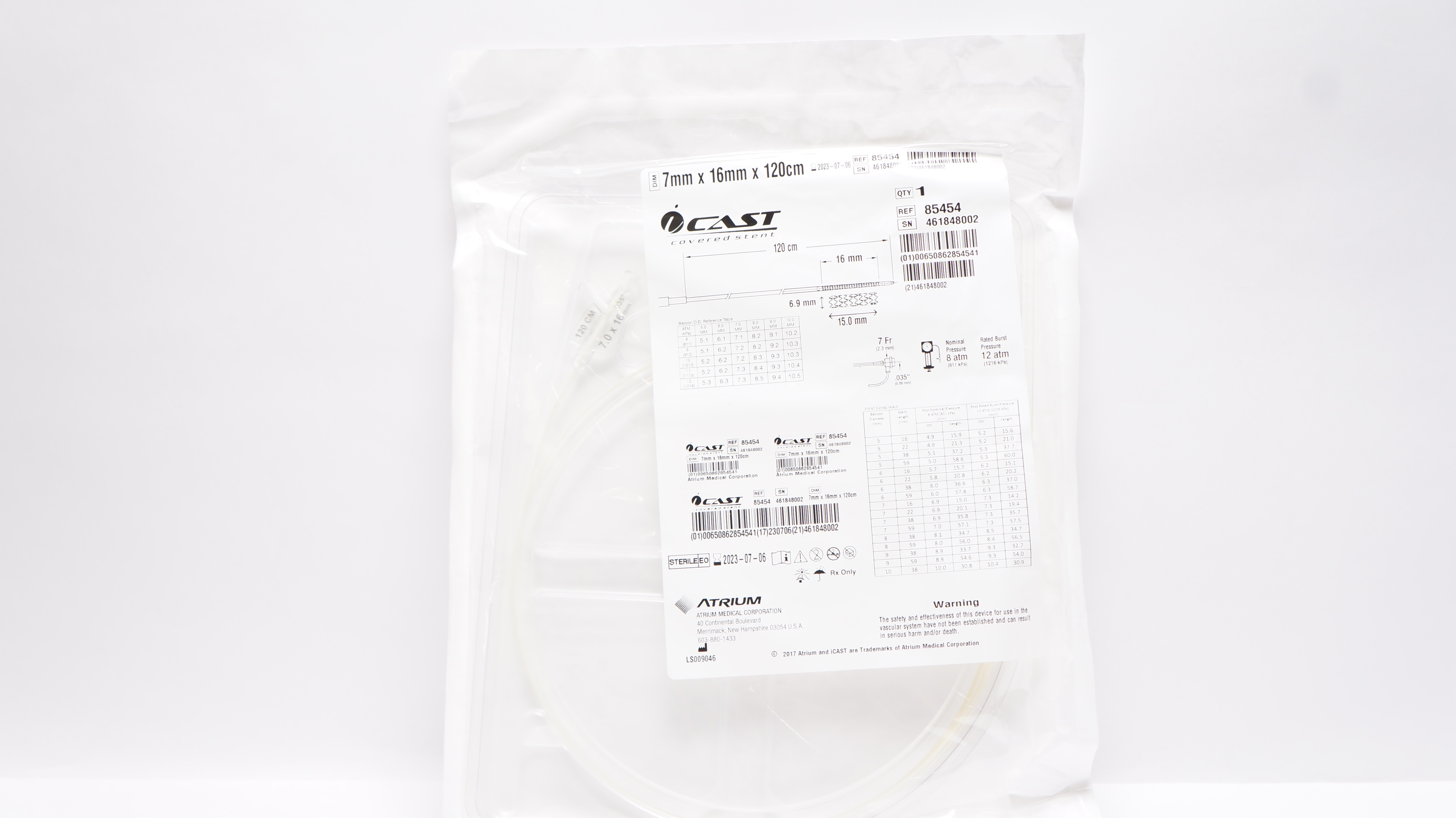 Atrium 85454 iCast Balloon Expandable PTFE Covered Stnt 7mm x 16mm x 120cm (x)