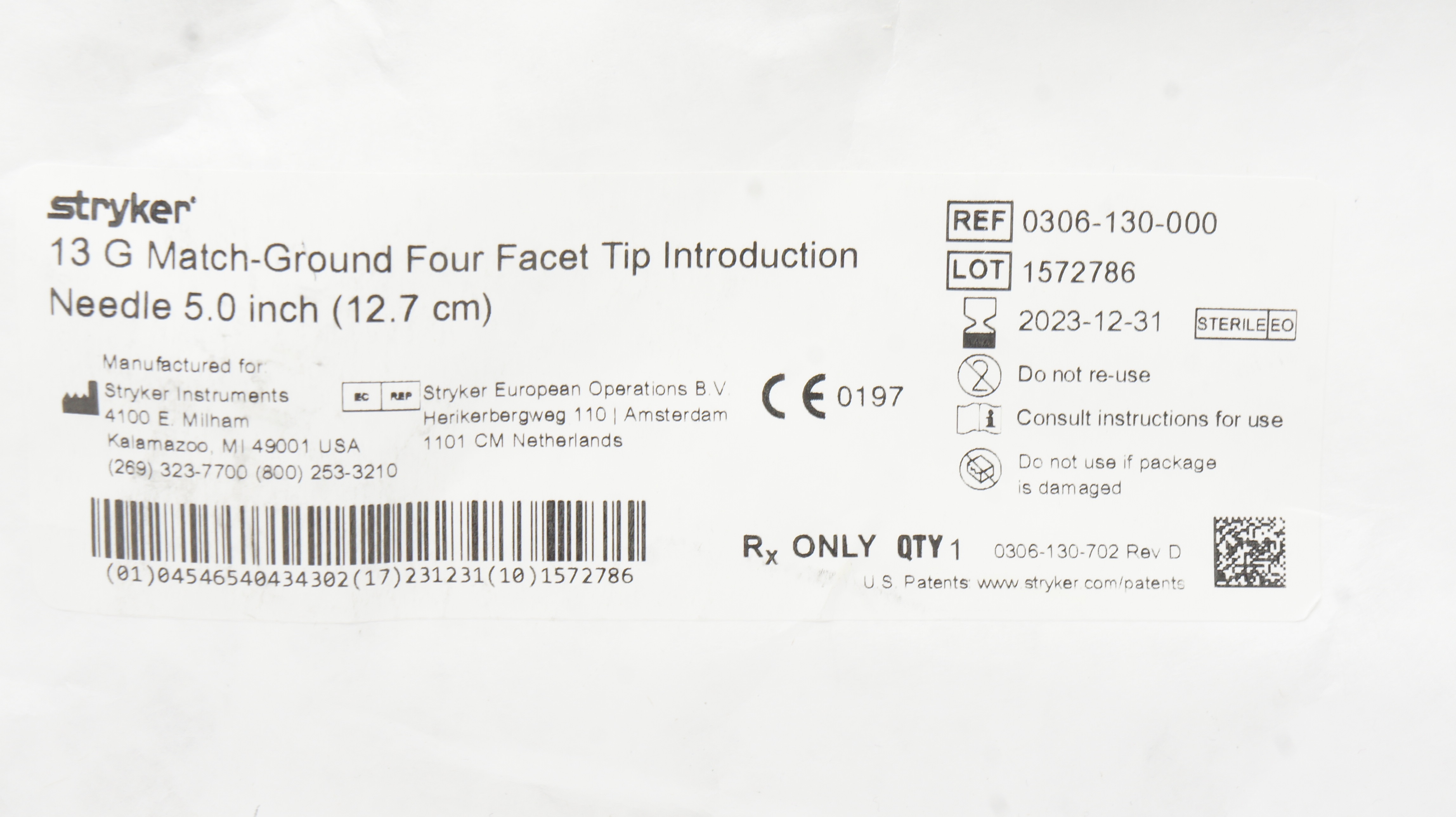 Stryker 0306-130-000 13G Match-Ground Four Facet Tip Introduction Ndle 5.0inch(x)