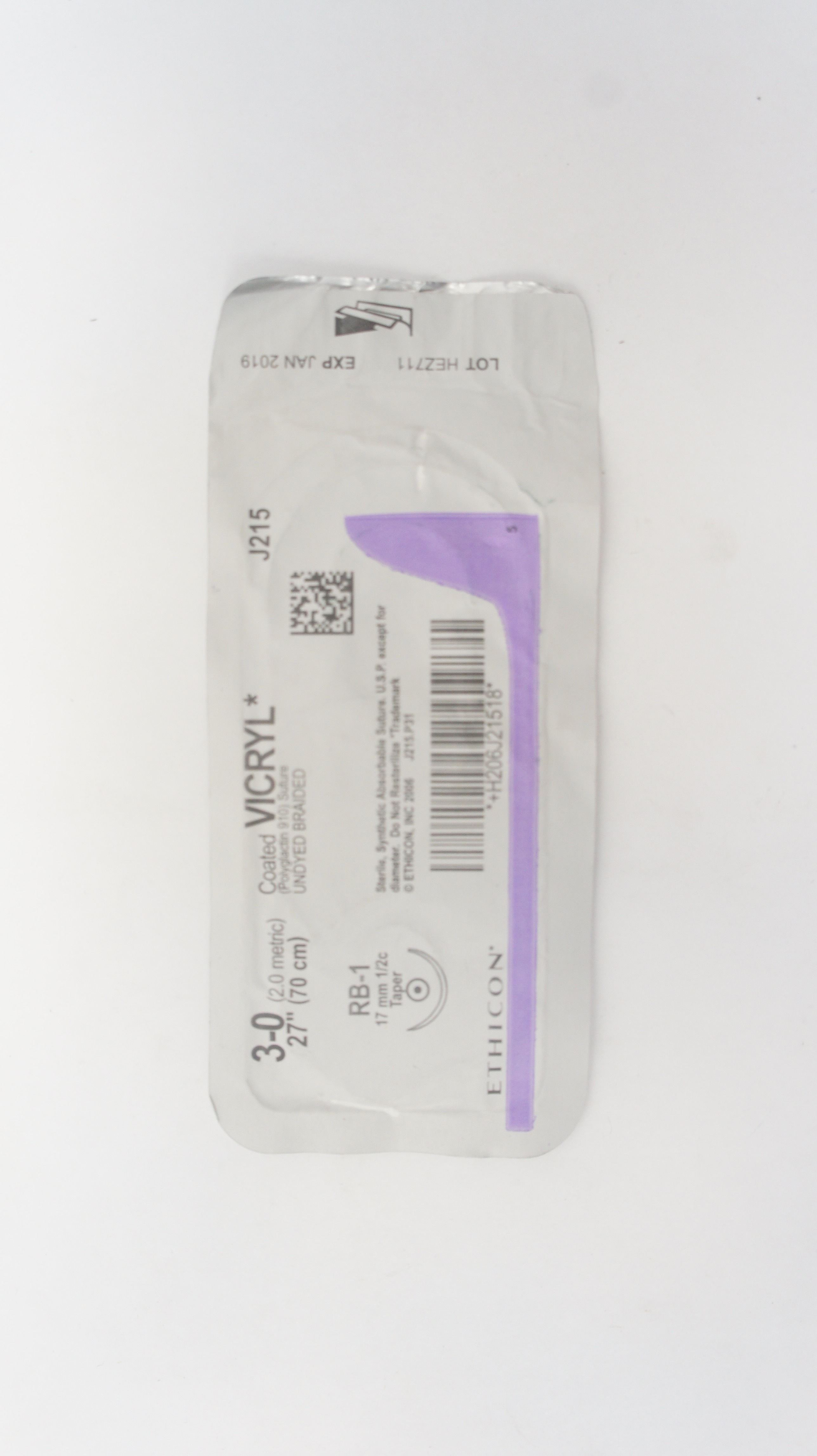 Ethicon J215 3-0 Coated VICRYL Stre, RB-1 17mm 1/2c Taper,27inch