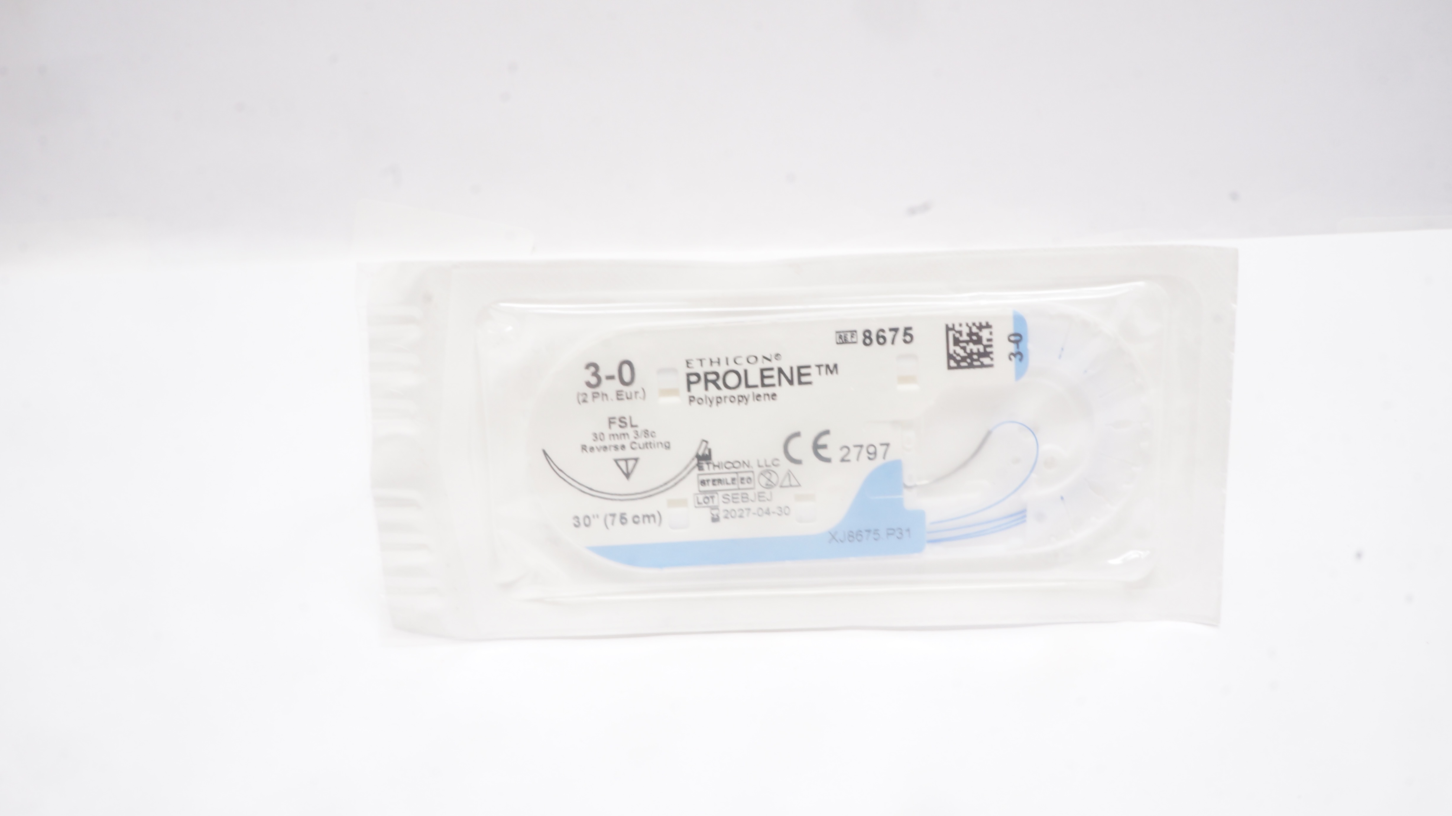 Ethicon 8675 3-0 PROLENE, FSL, 30mm 3/8c Reverse Cutting, 30inch
