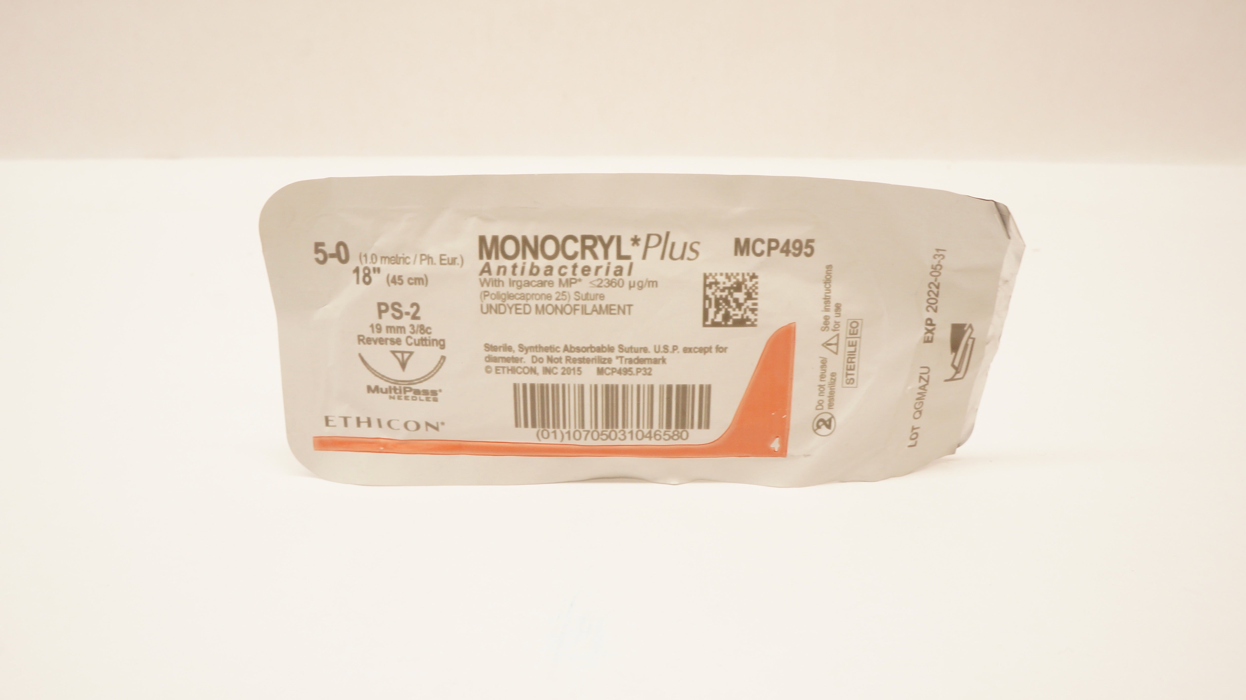 Ethicon MCP495 5-0 MONOCRYL Plus, PS-2, 19mm 3/8c Reverse Cutting, 18inch (x)