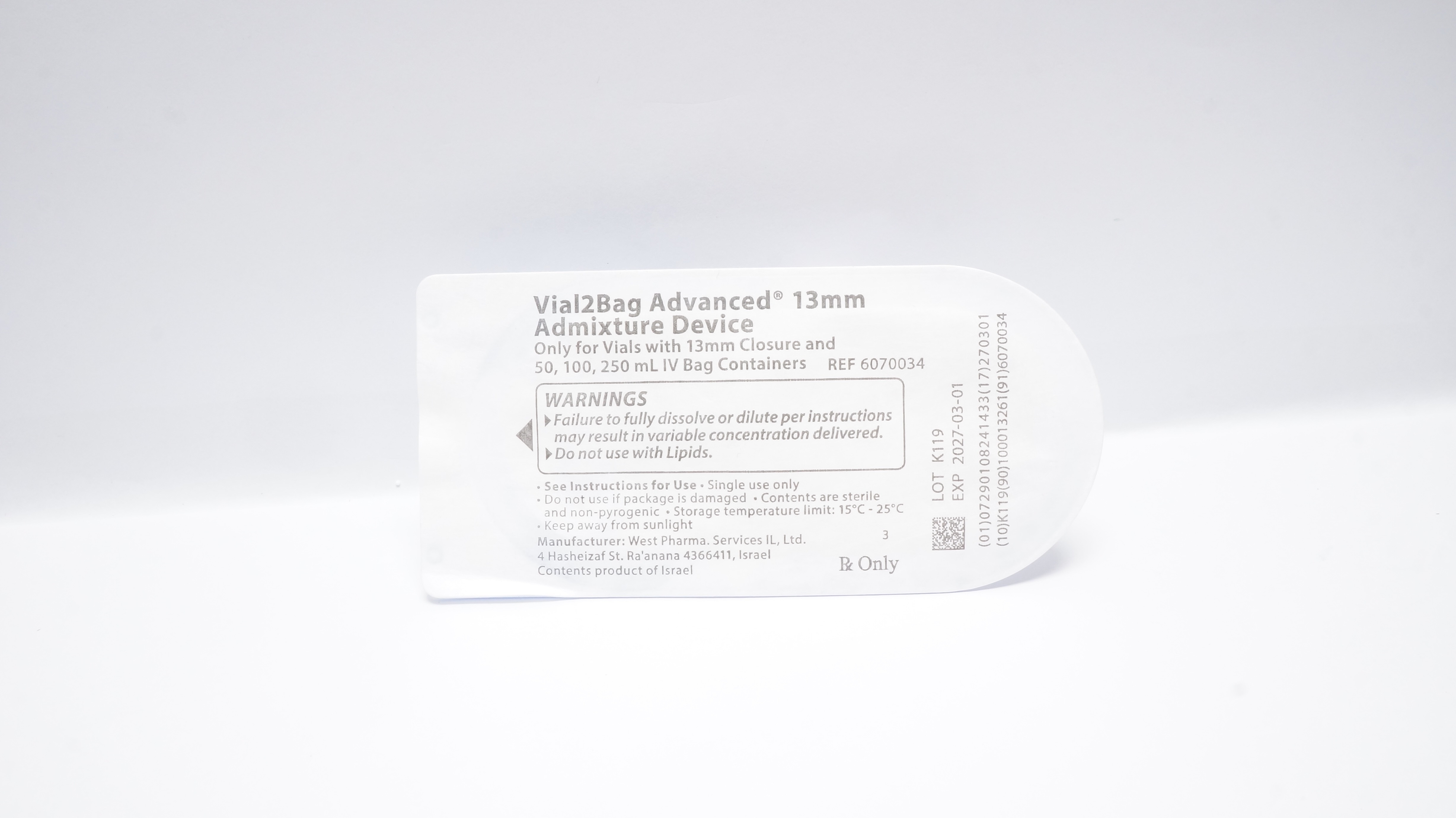 West Pharma 6070034 Vial2Bag Advanced 13mm Admixture Device