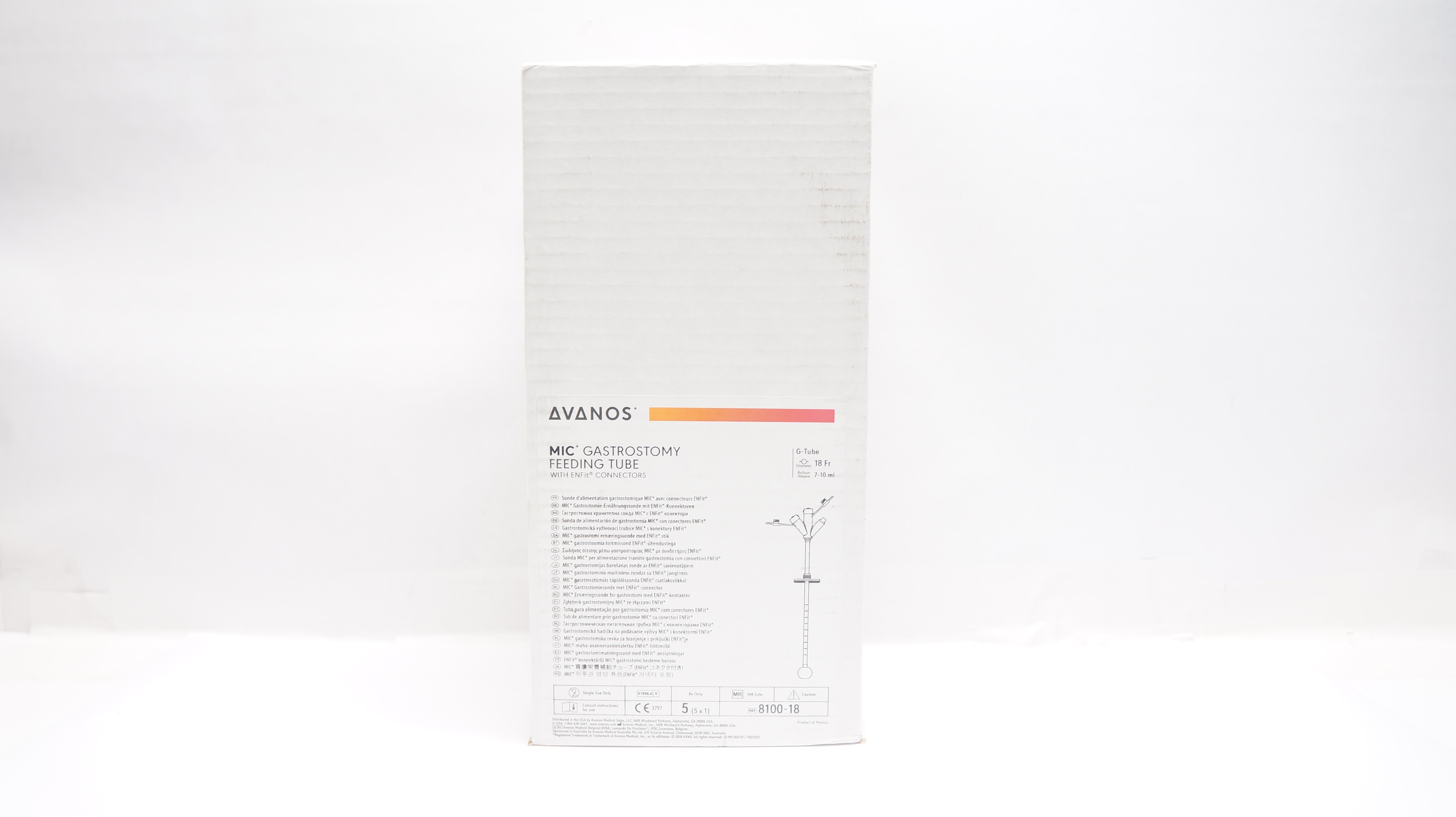 Avanos 8100-18 MIC Gastrostomy Feeding Tube 18Fr 7-10ml - Box of 5