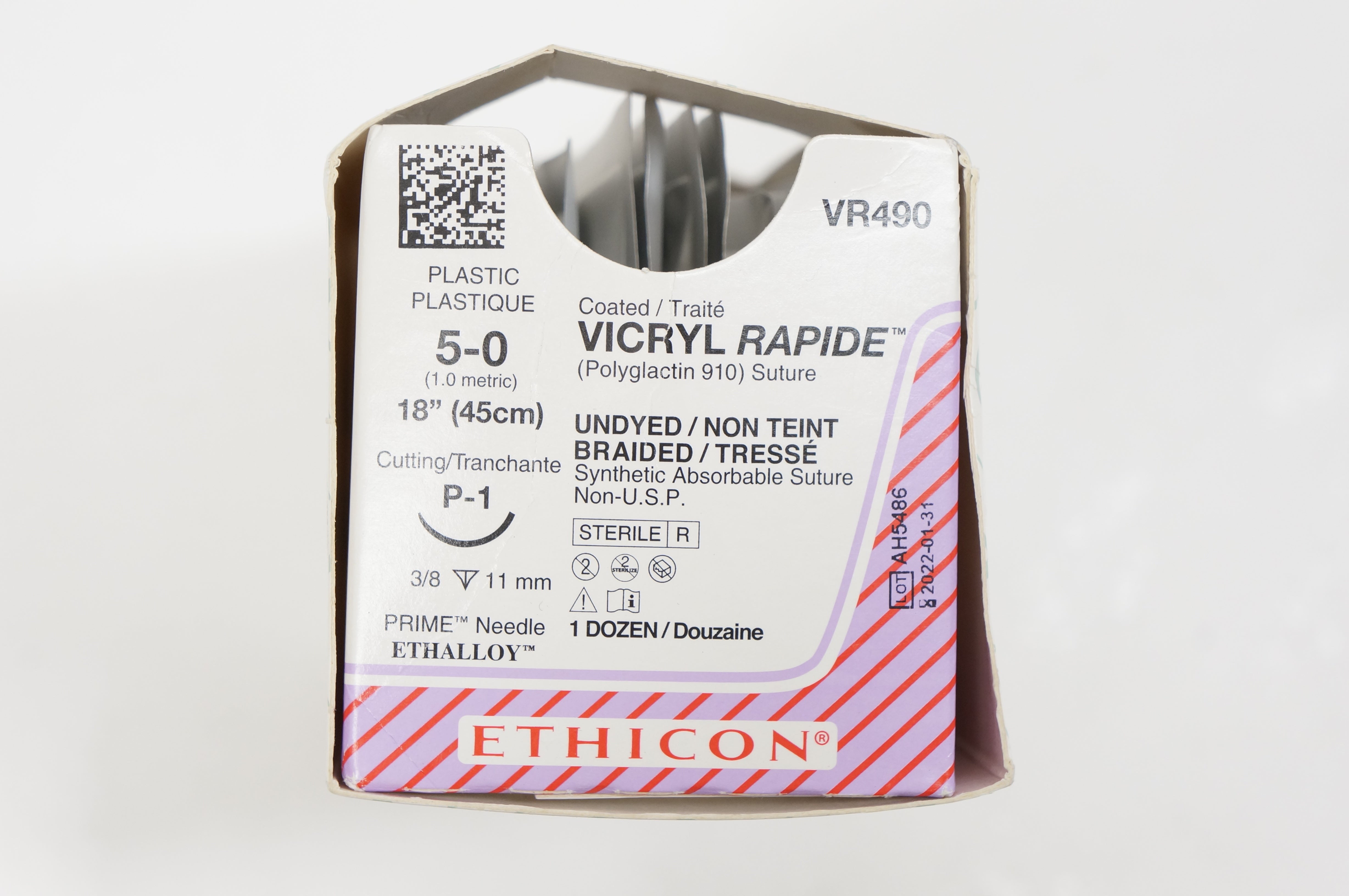 Ethicon VR490 5-0 VICRYL, P-1, 3/8 11mm, 18inch - Box of 12