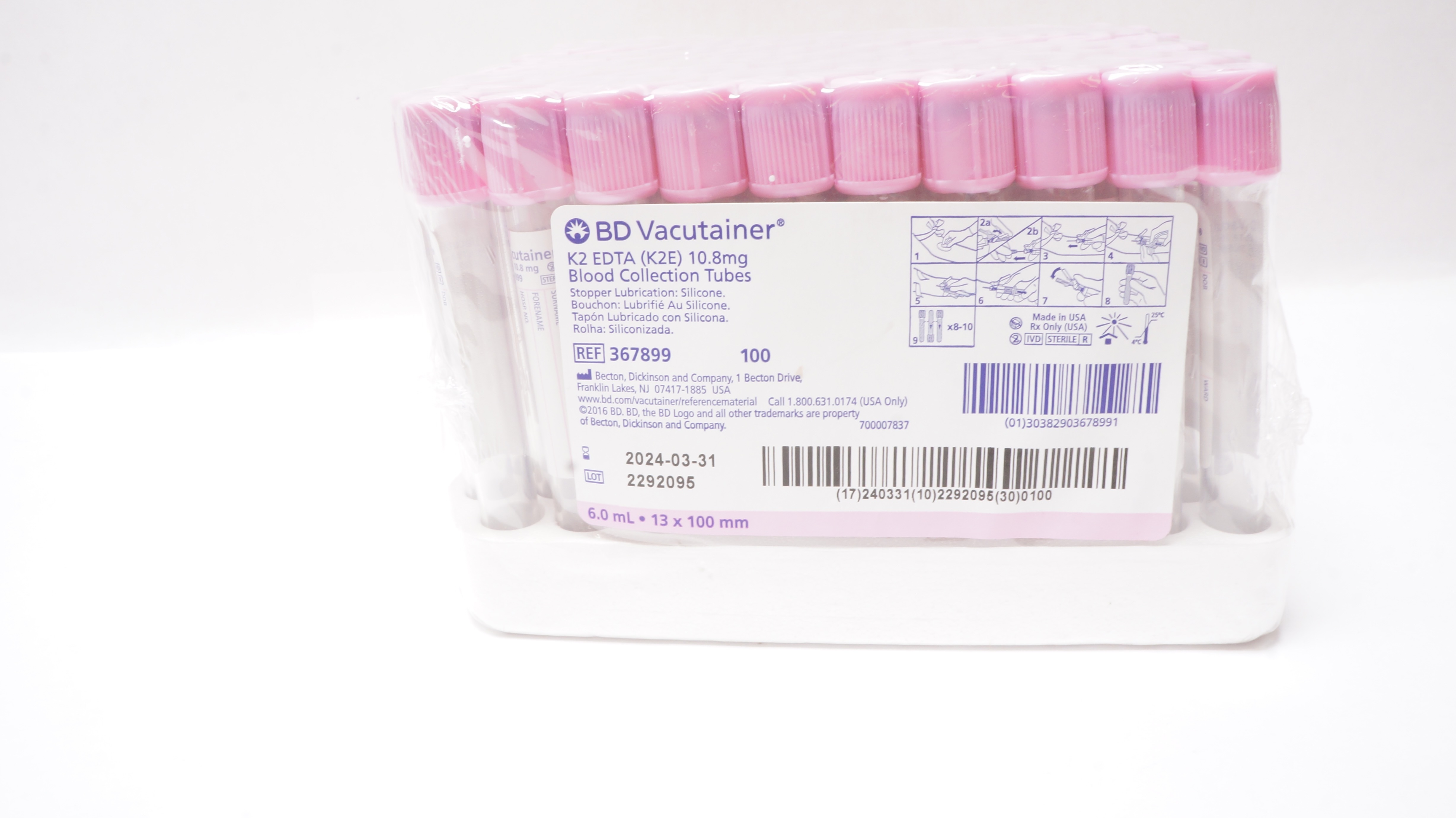 BD 367899 Vacutainer K2 EDTA Blood Collection Tubes 6.0mL 13x100mm - Box of 100